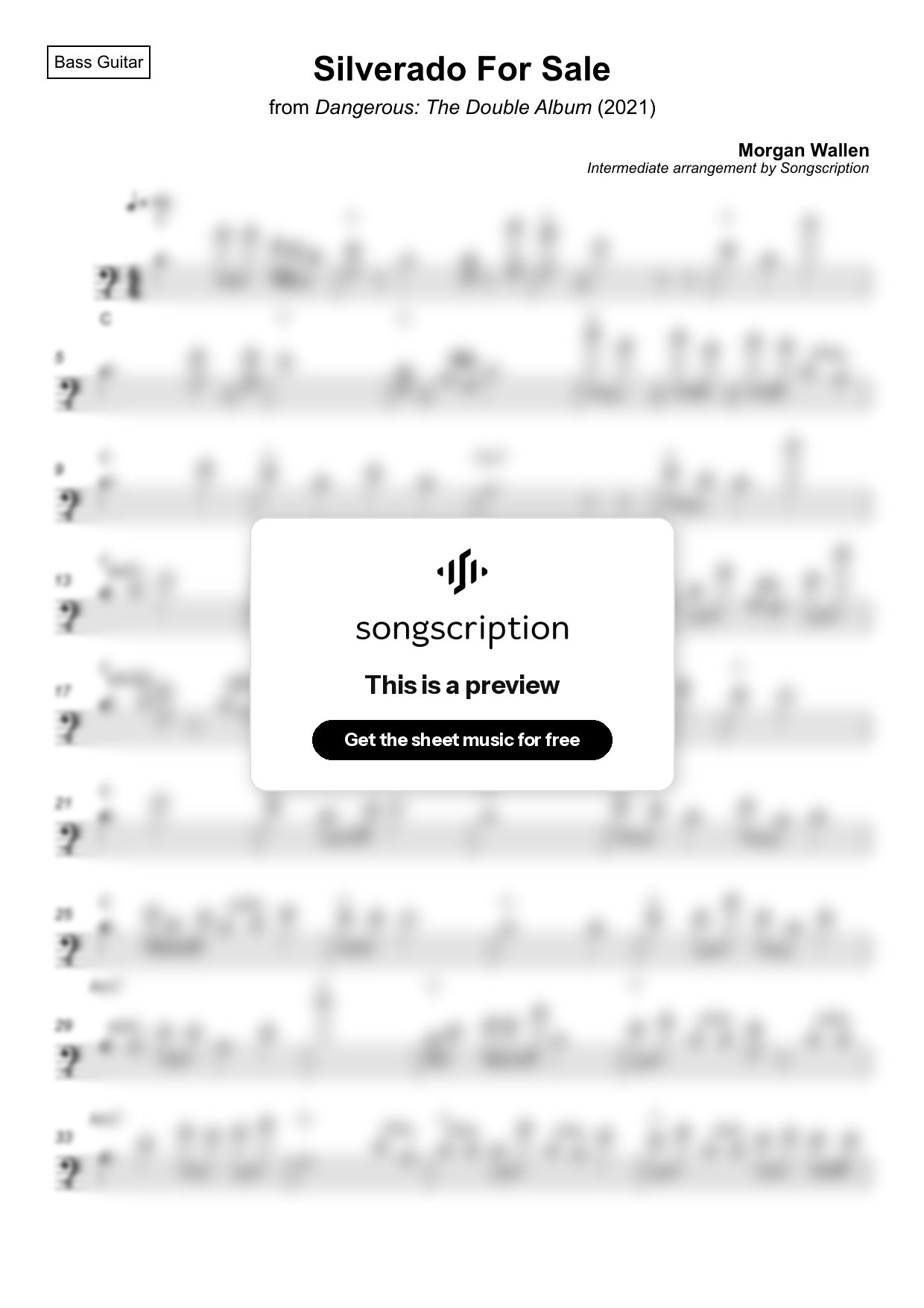 Intermediate Bass Guitar Sheet Music for "Silverado For Sale" by Morgan Wallen