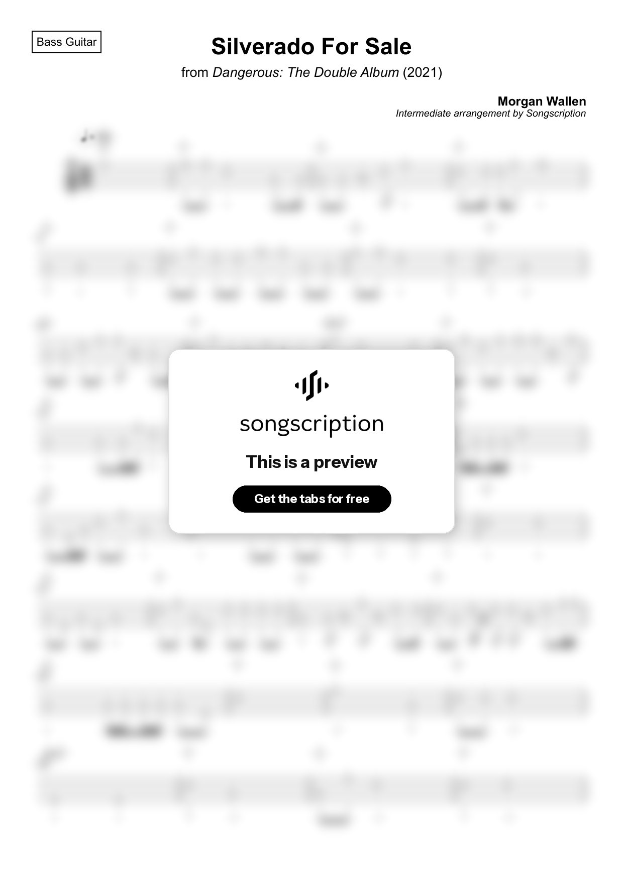 Intermediate Bass Guitar Tabs for "Silverado For Sale" by Morgan Wallen