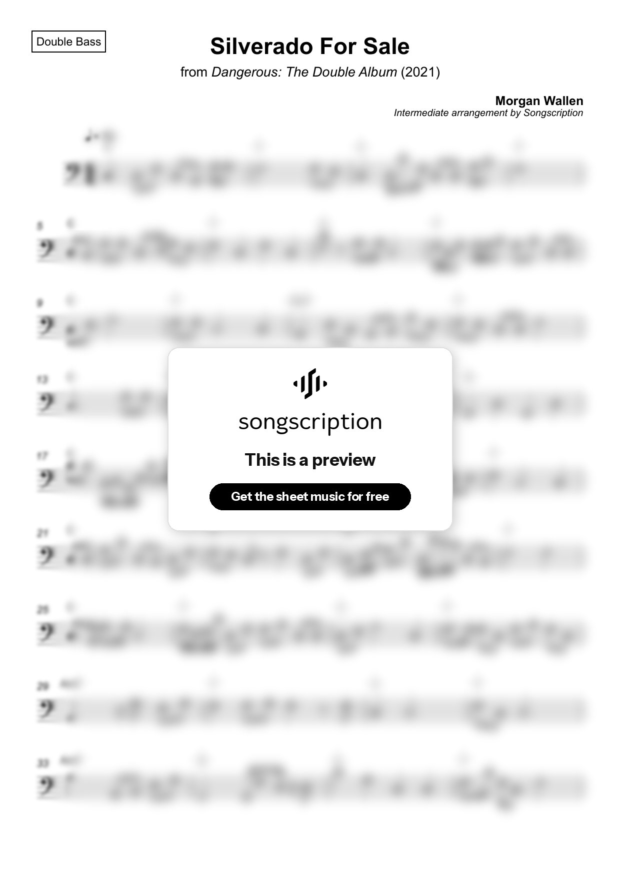 Intermediate Double Bass Sheet Music for "Silverado For Sale" by Morgan Wallen
