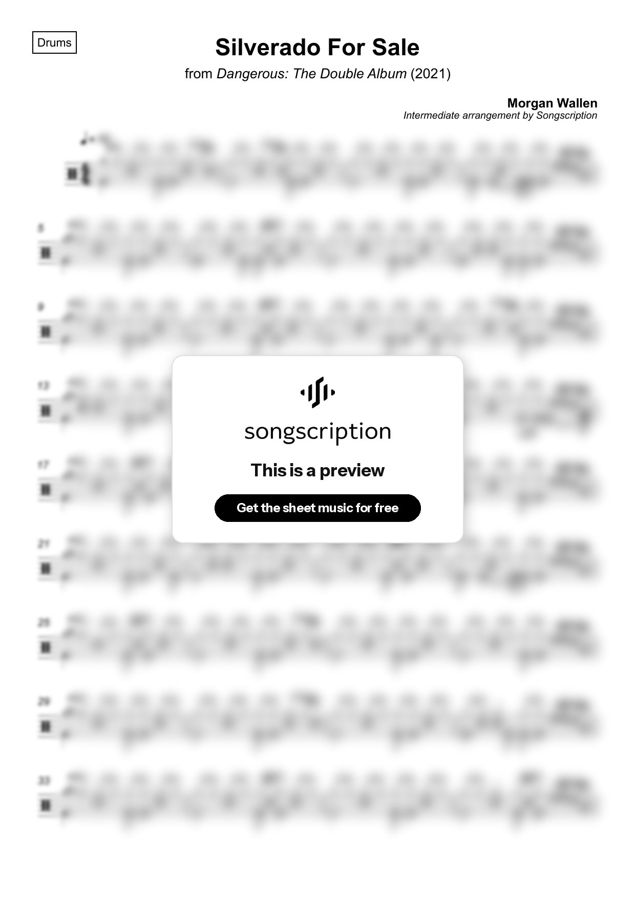 Intermediate Drums Sheet Music for "Silverado For Sale" by Morgan Wallen