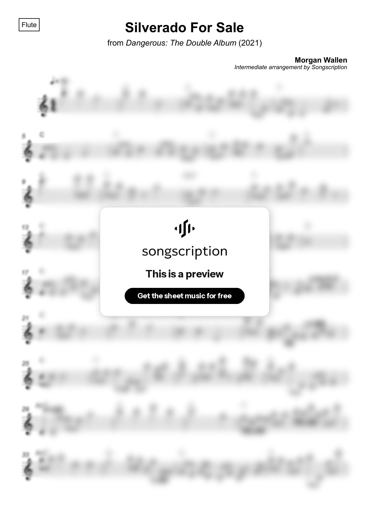 Intermediate Flute Sheet Music for "Silverado For Sale" by Morgan Wallen