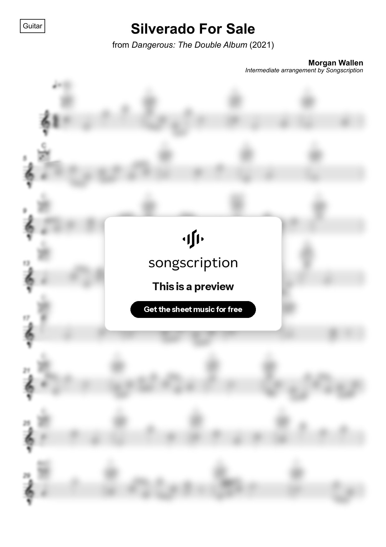 Intermediate Acoustic Guitar Sheet Music for "Silverado For Sale" by Morgan Wallen