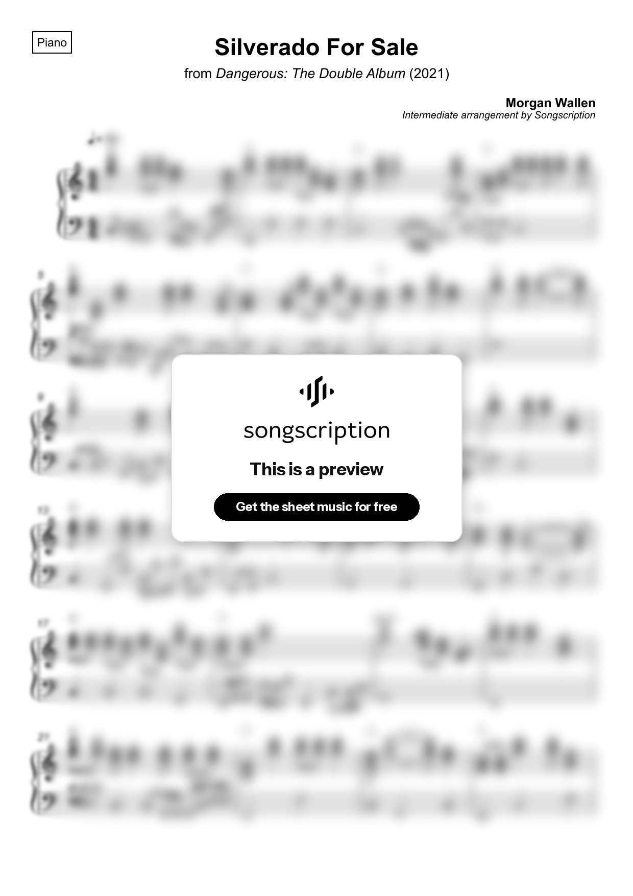 Intermediate Piano Sheet Music for "Silverado For Sale" by Morgan Wallen