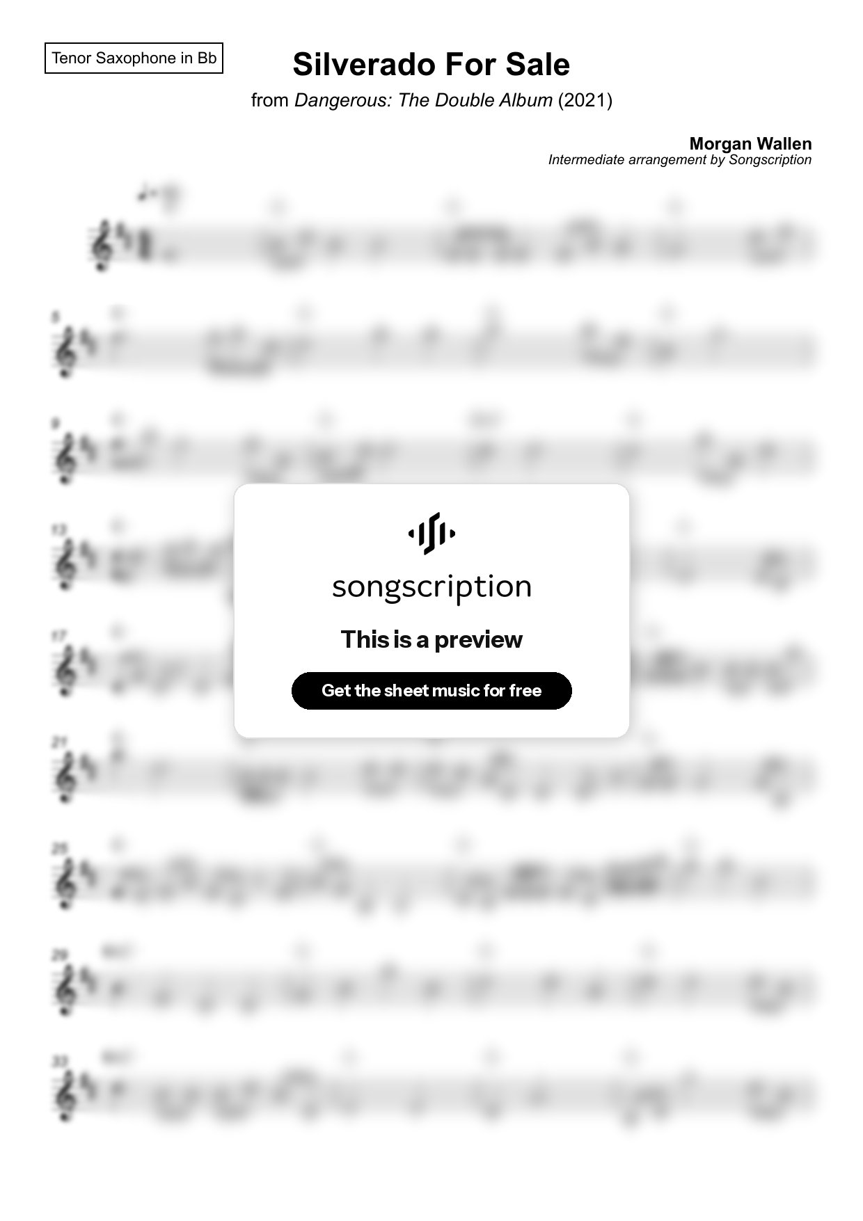 Intermediate Tenor Sax Sheet Music for "Silverado For Sale" by Morgan Wallen