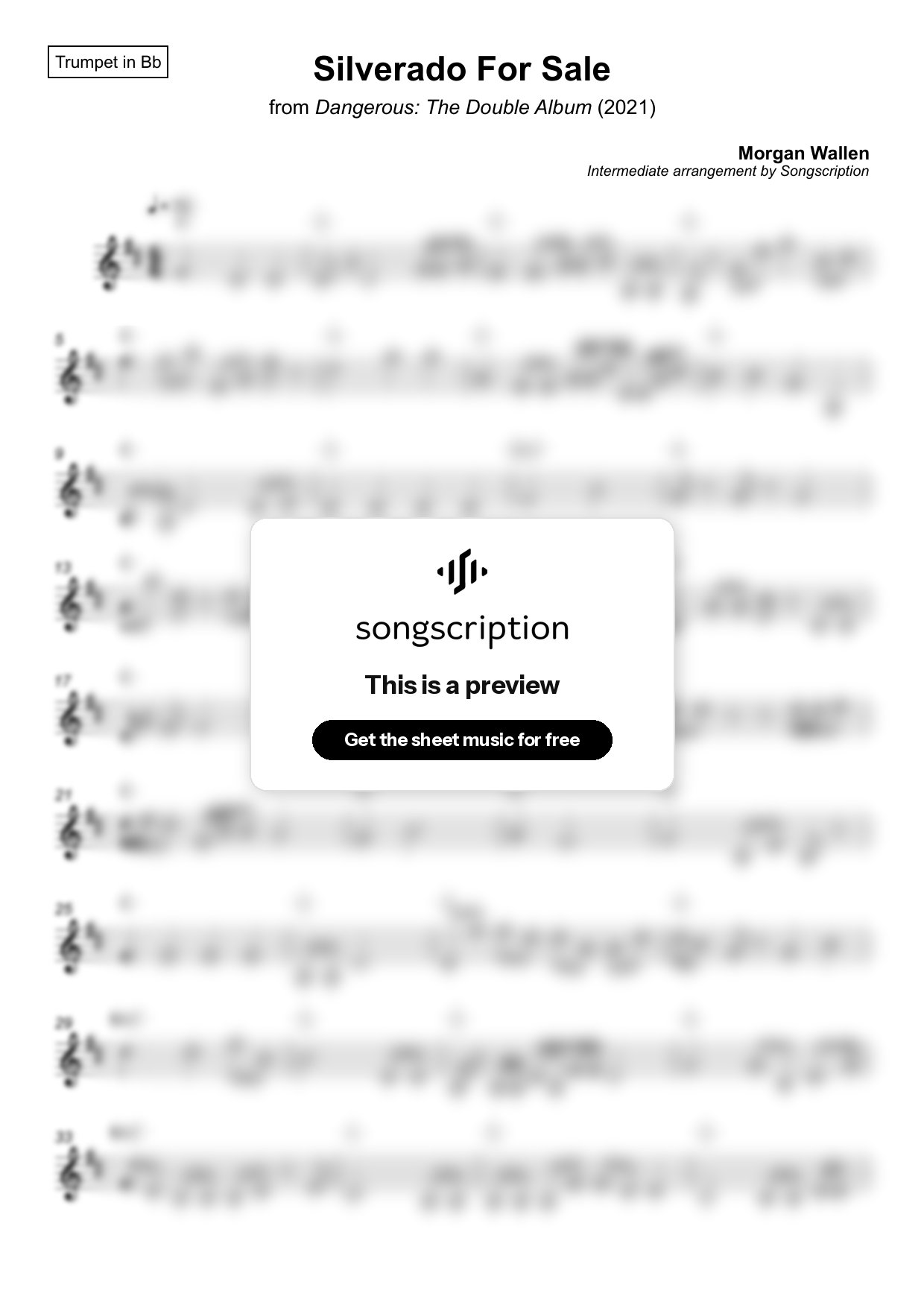 Intermediate Trumpet Sheet Music for "Silverado For Sale" by Morgan Wallen