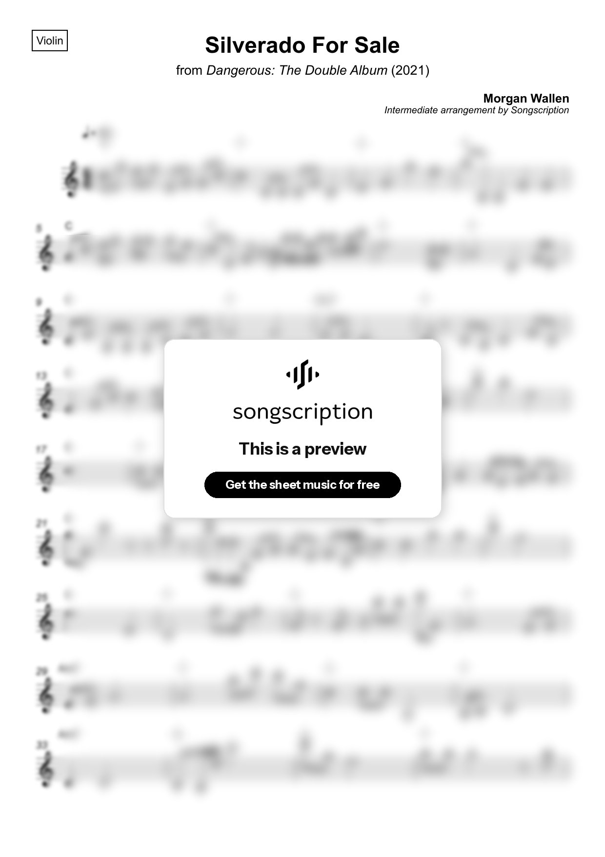 Intermediate Violin Sheet Music for "Silverado For Sale" by Morgan Wallen