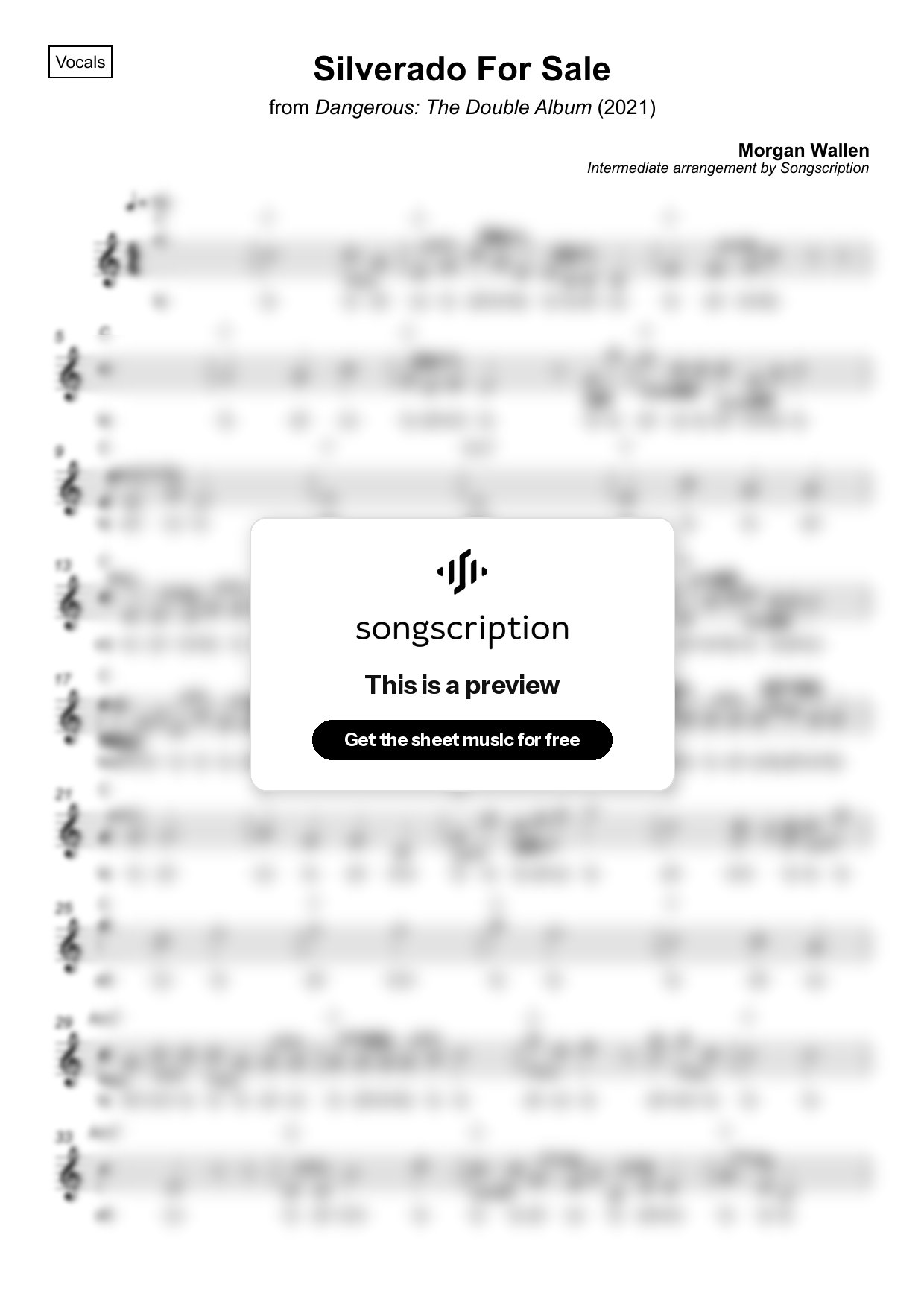 Intermediate Vocals Sheet Music for "Silverado For Sale" by Morgan Wallen