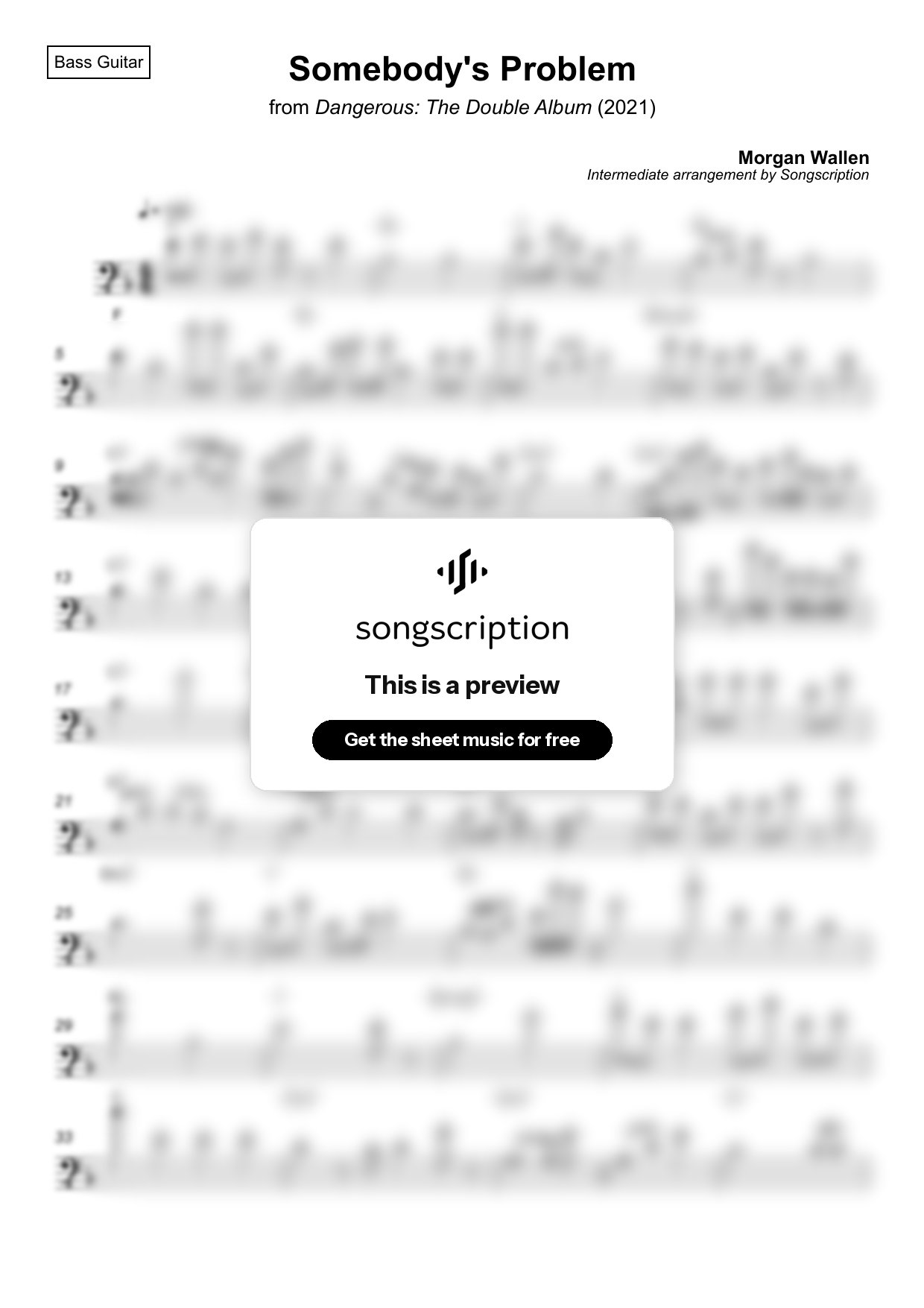 Intermediate Bass Guitar Sheet Music for "Somebody's Problem" by Morgan Wallen