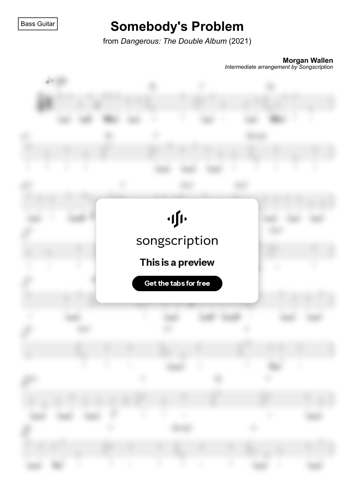 Intermediate Bass Guitar Tabs for "Somebody's Problem" by Morgan Wallen