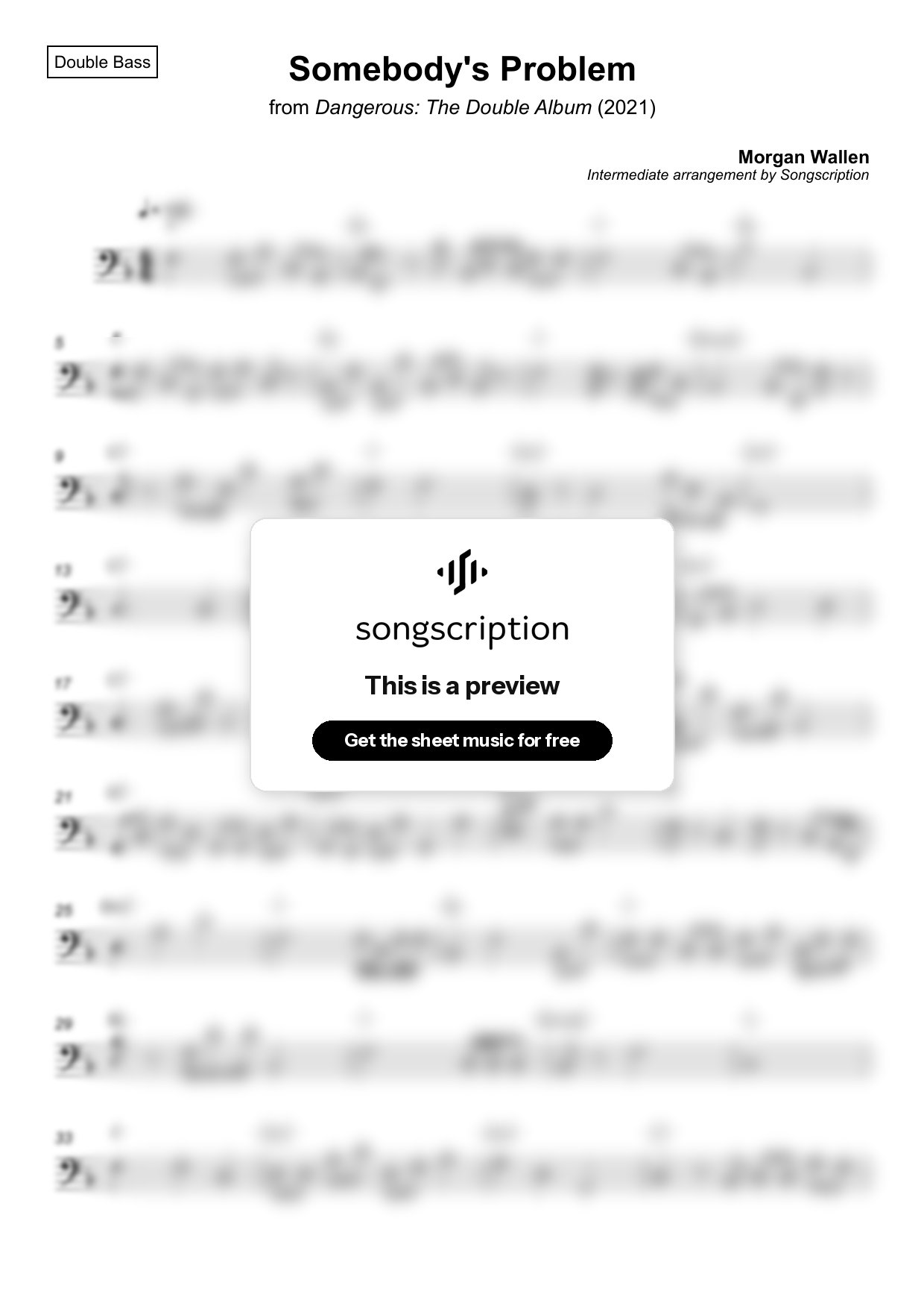 Intermediate Double Bass Sheet Music for "Somebody's Problem" by Morgan Wallen