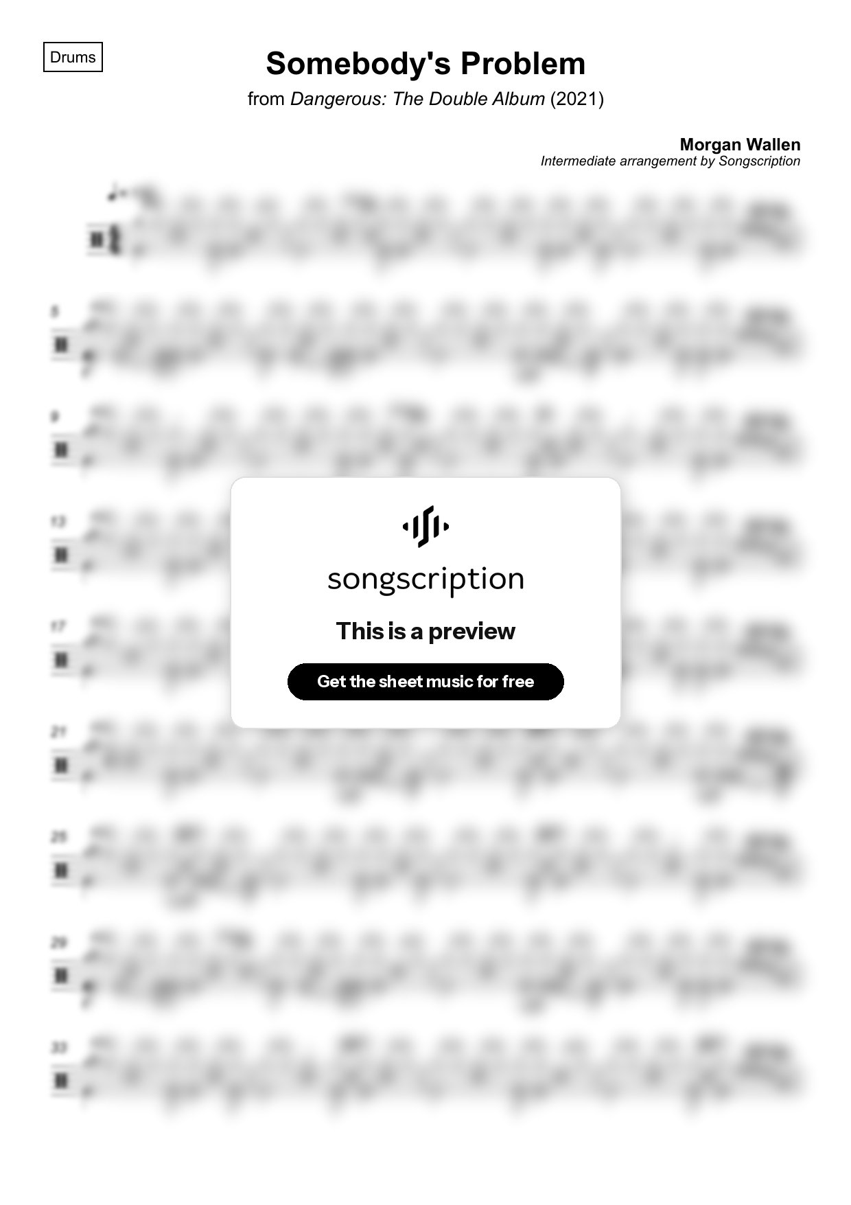 Intermediate Drums Sheet Music for "Somebody's Problem" by Morgan Wallen