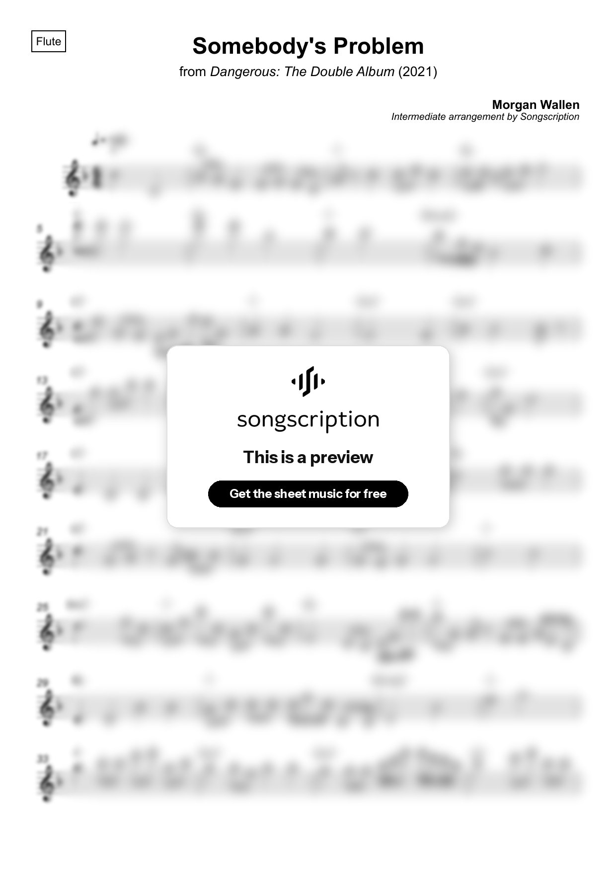 Intermediate Flute Sheet Music for "Somebody's Problem" by Morgan Wallen