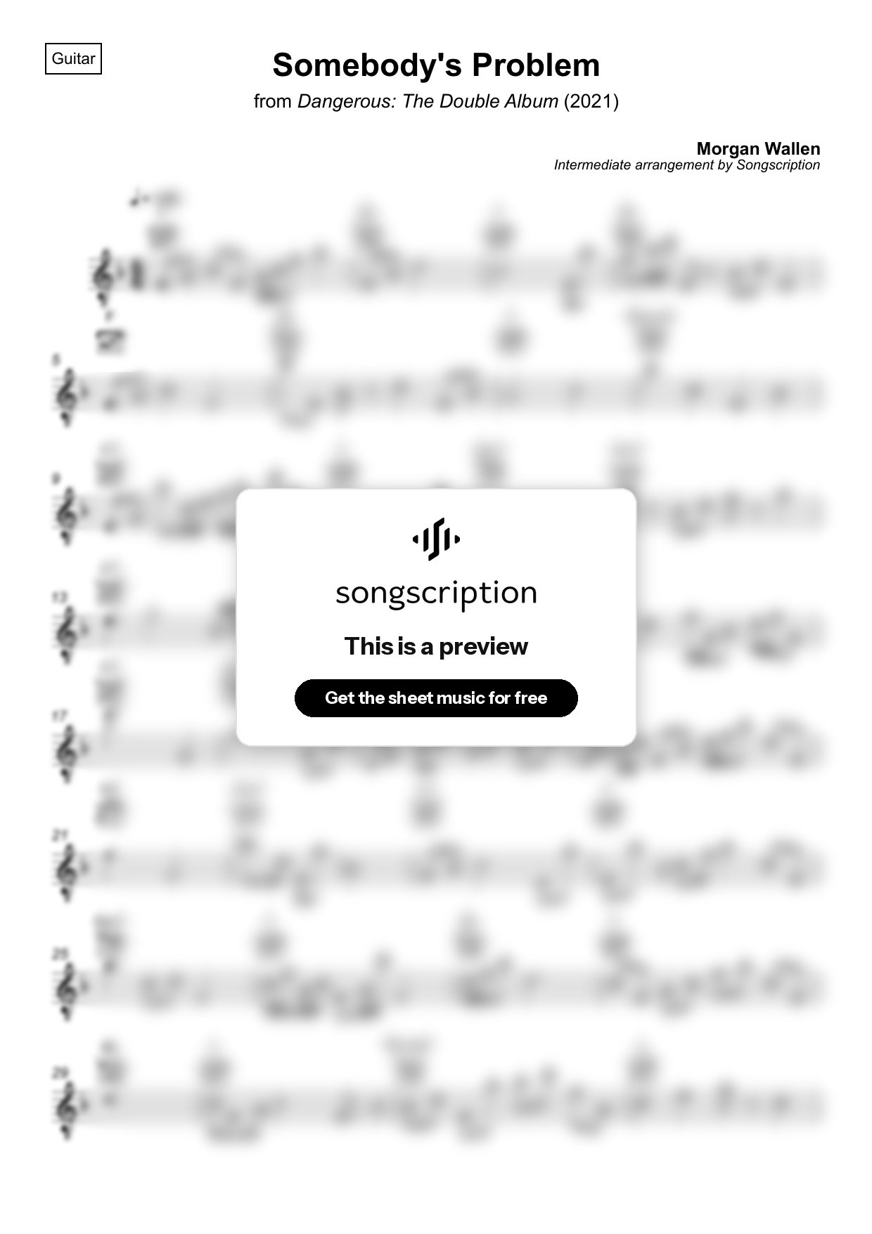 Intermediate Acoustic Guitar Sheet Music for "Somebody's Problem" by Morgan Wallen