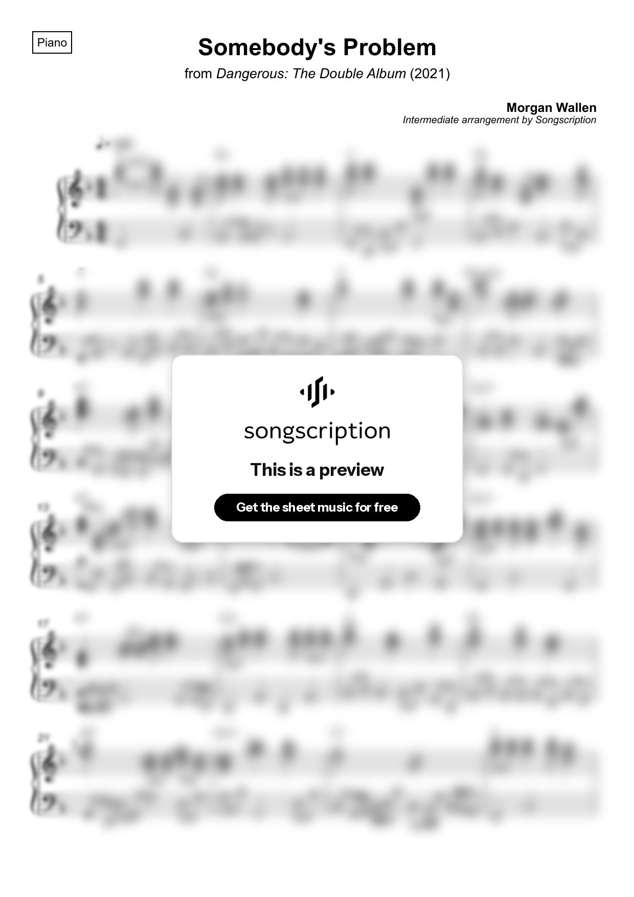 Intermediate Piano Sheet Music for "Somebody's Problem" by Morgan Wallen