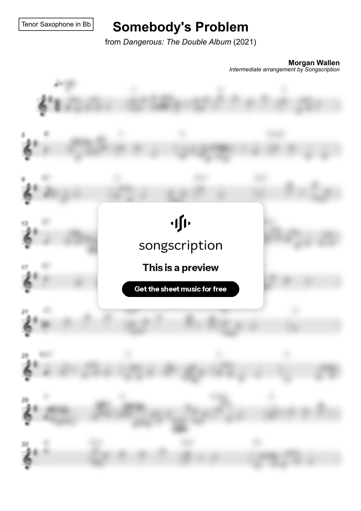 Intermediate Tenor Sax Sheet Music for "Somebody's Problem" by Morgan Wallen