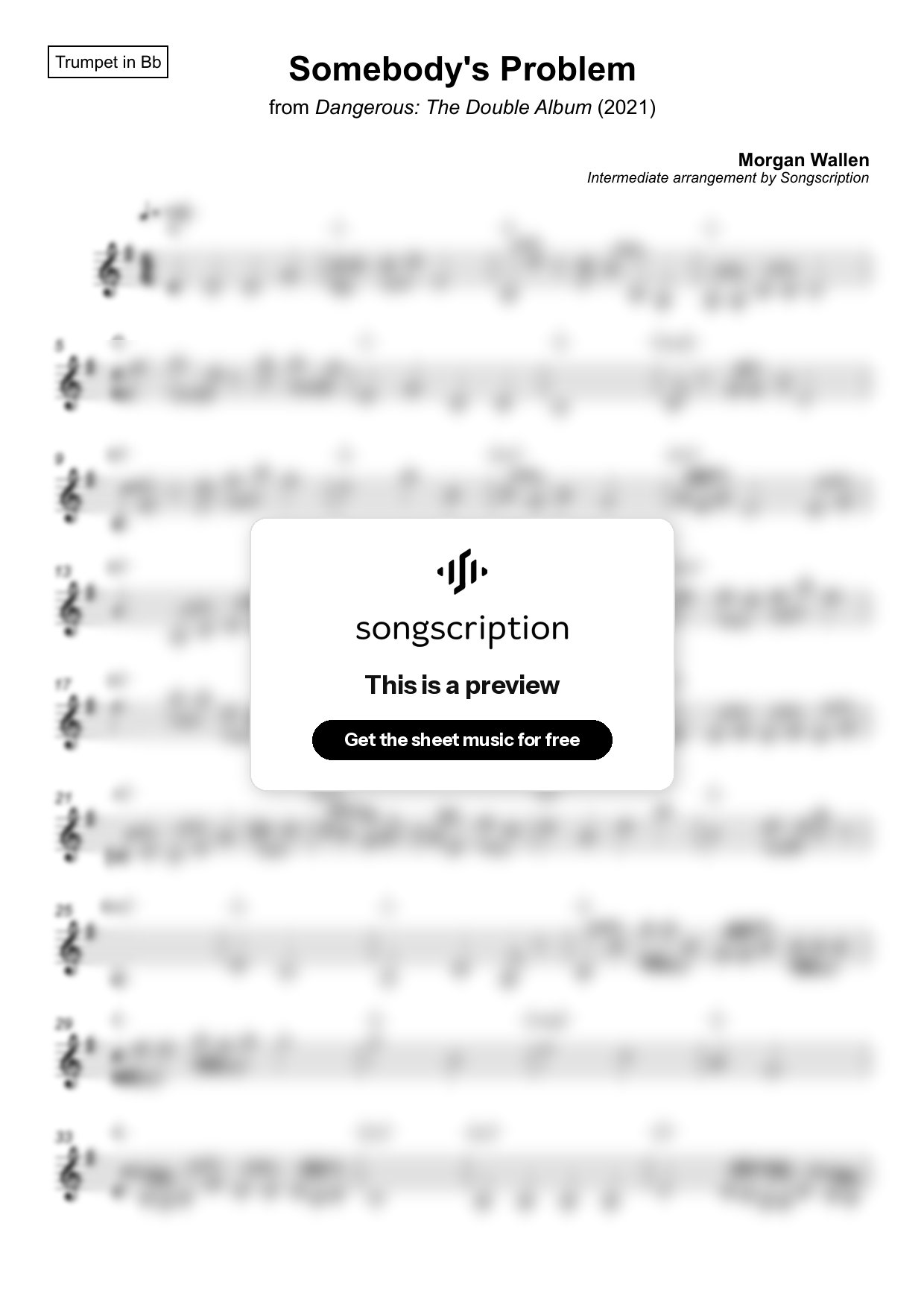 Intermediate Trumpet Sheet Music for "Somebody's Problem" by Morgan Wallen