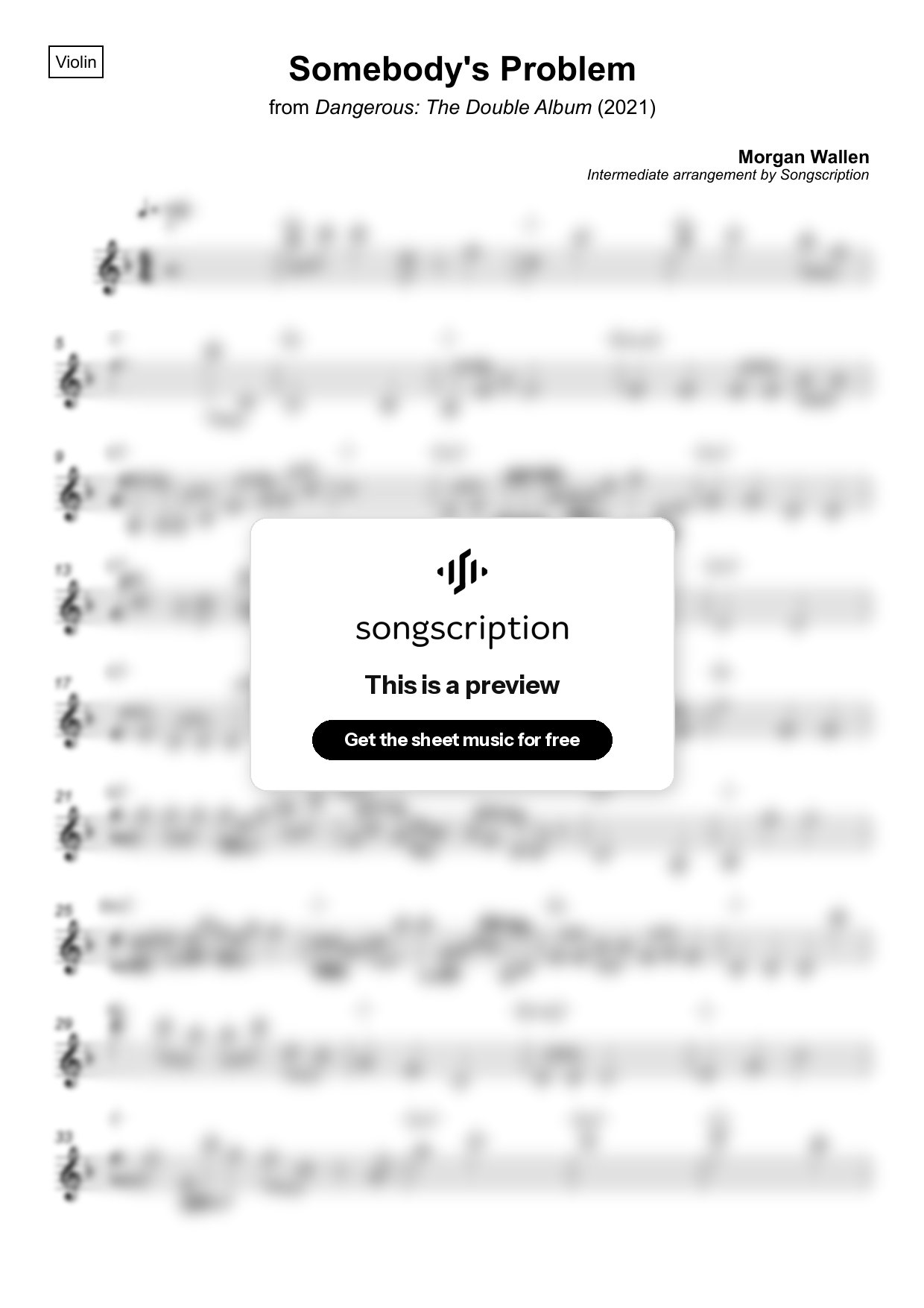 Intermediate Violin Sheet Music for "Somebody's Problem" by Morgan Wallen