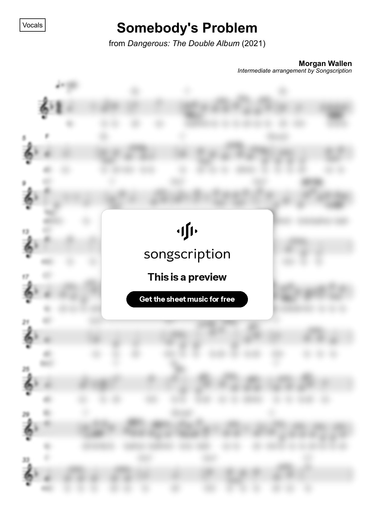 Intermediate Vocals Sheet Music for "Somebody's Problem" by Morgan Wallen