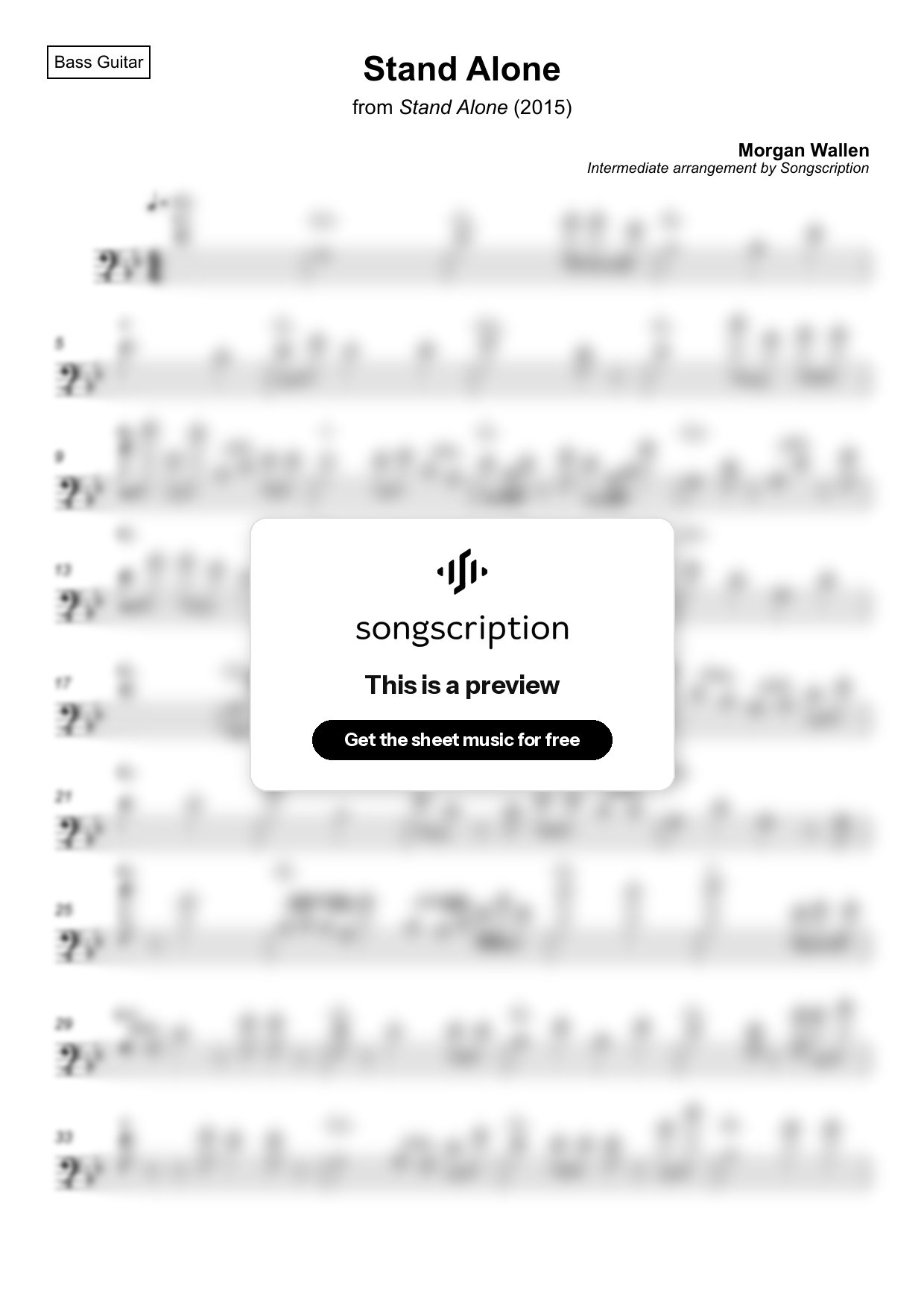 Intermediate Bass Guitar Sheet Music for "Stand Alone" by Morgan Wallen