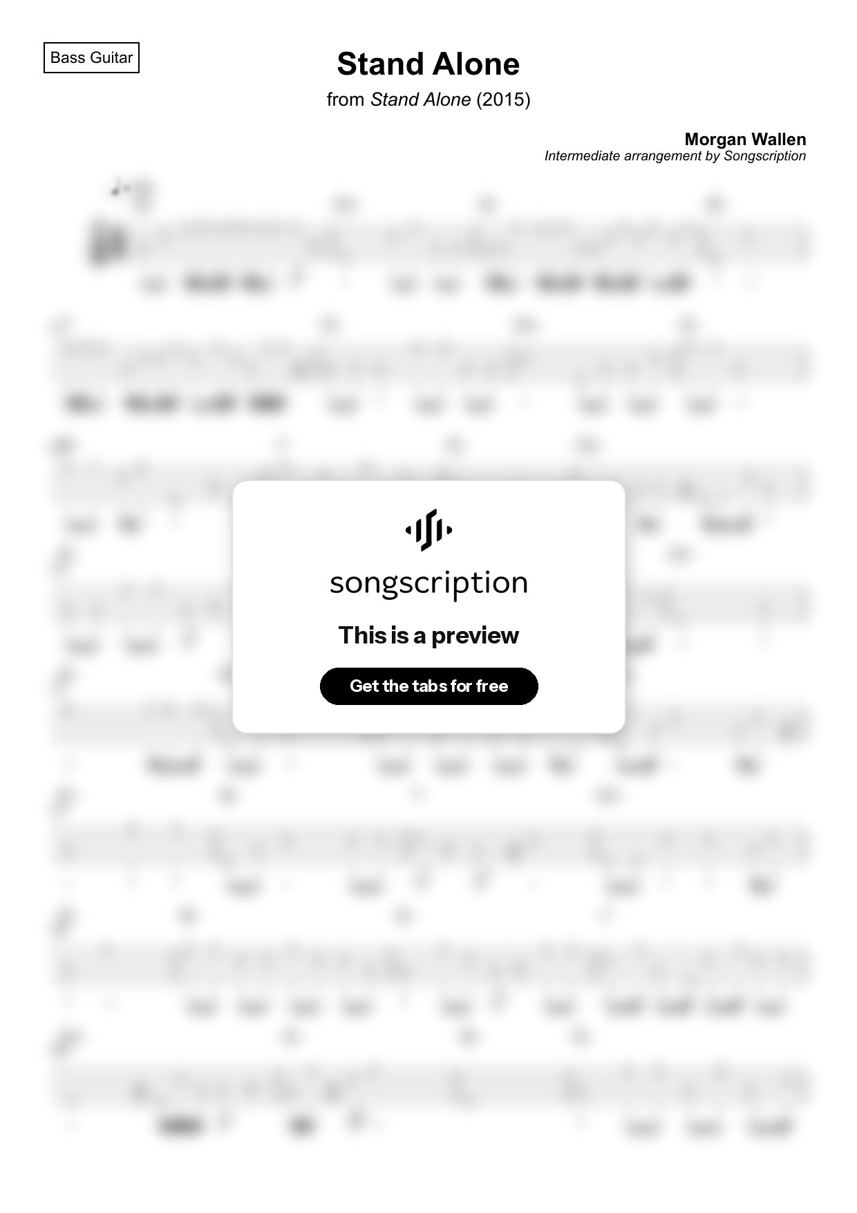 Intermediate Bass Guitar Tabs for "Stand Alone" by Morgan Wallen