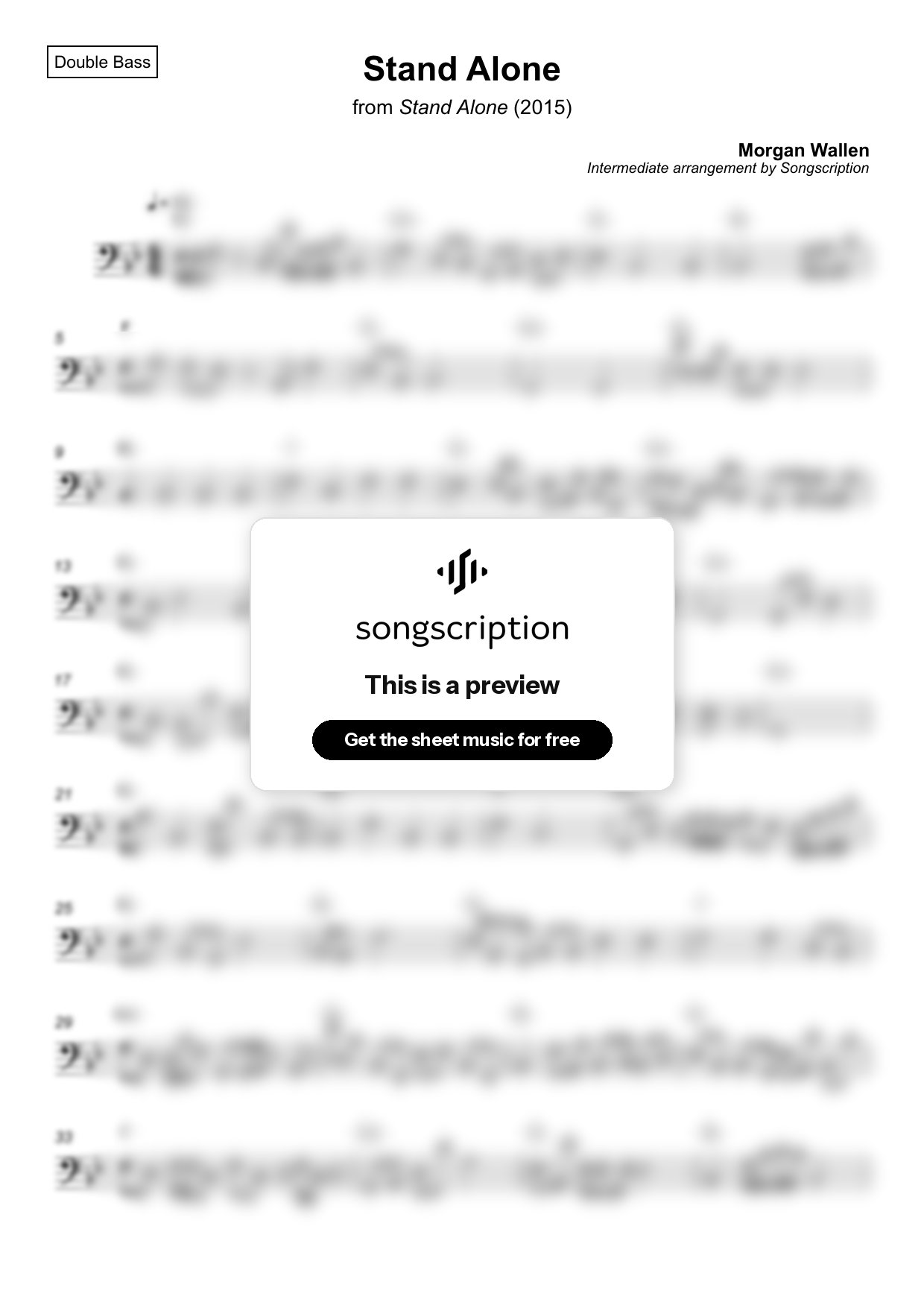 Intermediate Double Bass Sheet Music for "Stand Alone" by Morgan Wallen