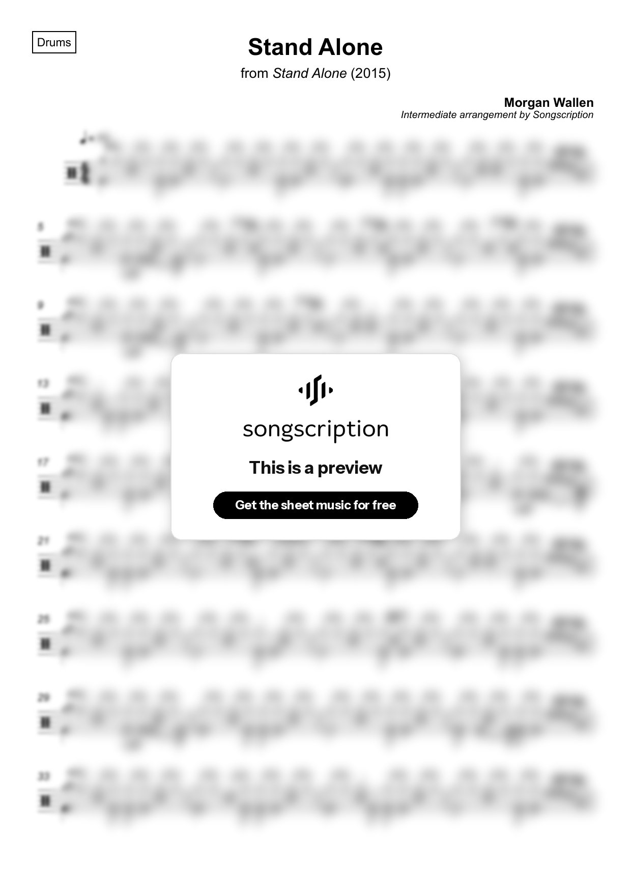 Intermediate Drums Sheet Music for "Stand Alone" by Morgan Wallen