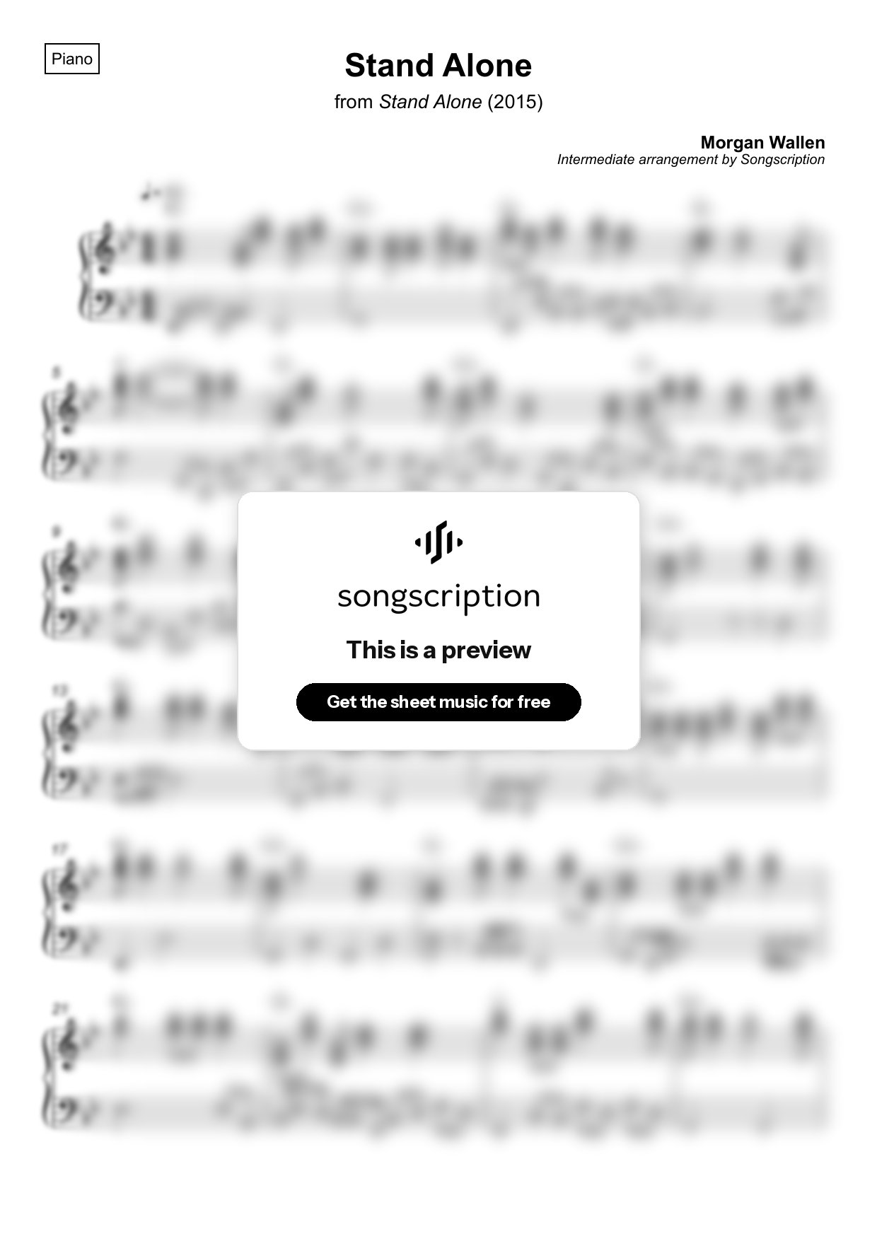Intermediate Piano Sheet Music for "Stand Alone" by Morgan Wallen