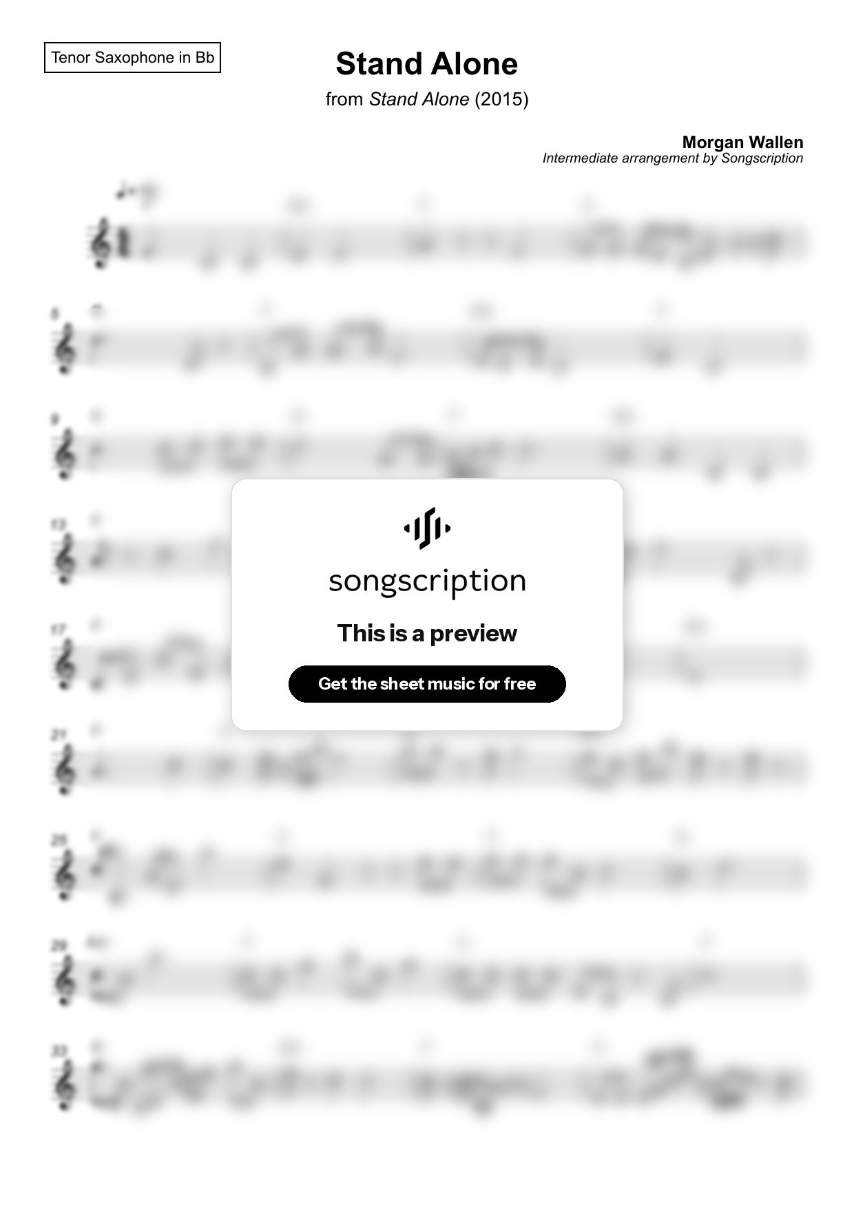 Intermediate Tenor Sax Sheet Music for "Stand Alone" by Morgan Wallen
