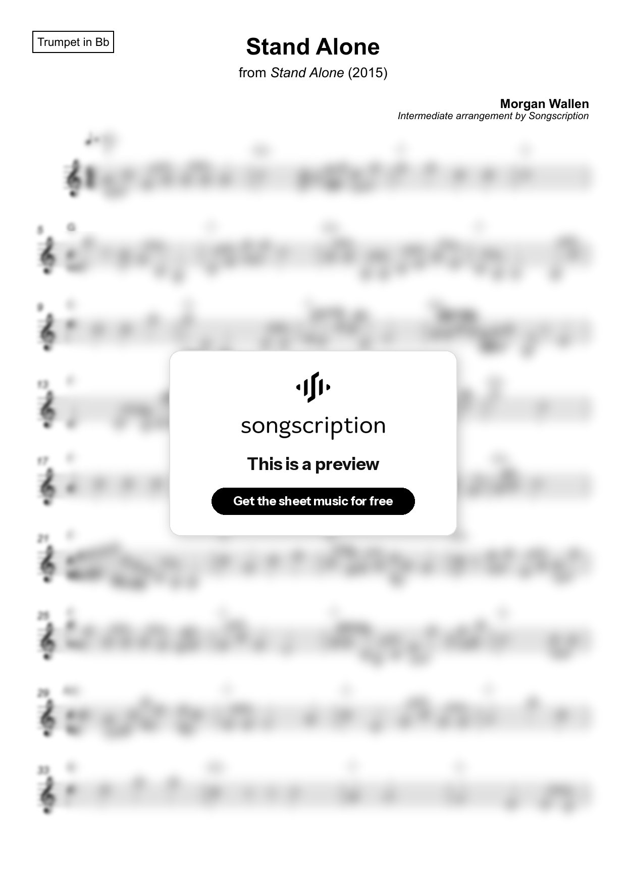 Intermediate Trumpet Sheet Music for "Stand Alone" by Morgan Wallen