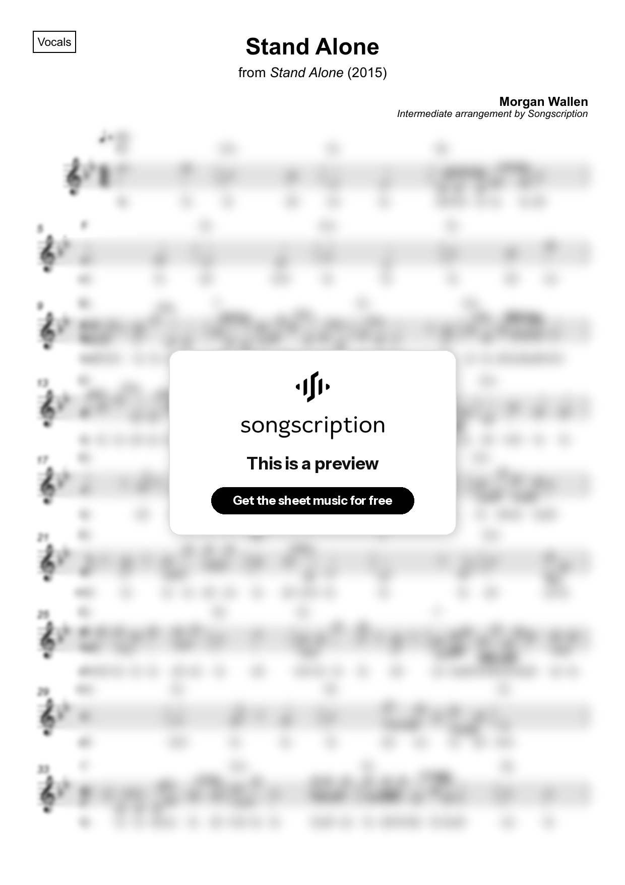 Intermediate Vocals Sheet Music for "Stand Alone" by Morgan Wallen