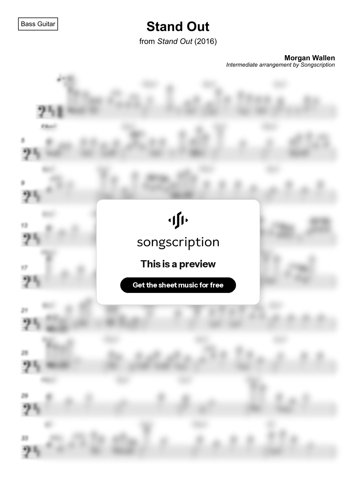 Intermediate Bass Guitar Sheet Music for "Stand Out" by Morgan Wallen