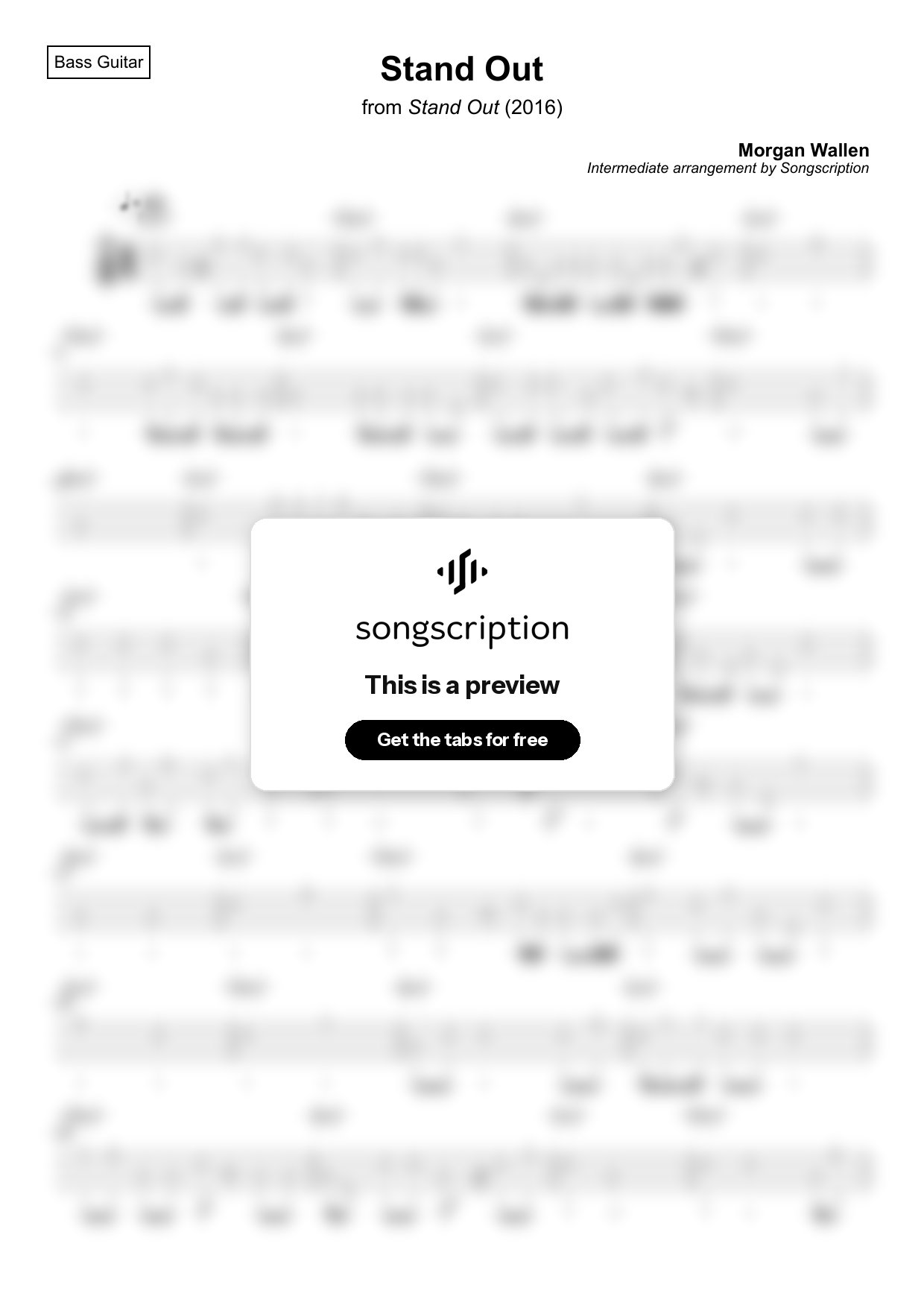 Intermediate Bass Guitar Tabs for "Stand Out" by Morgan Wallen