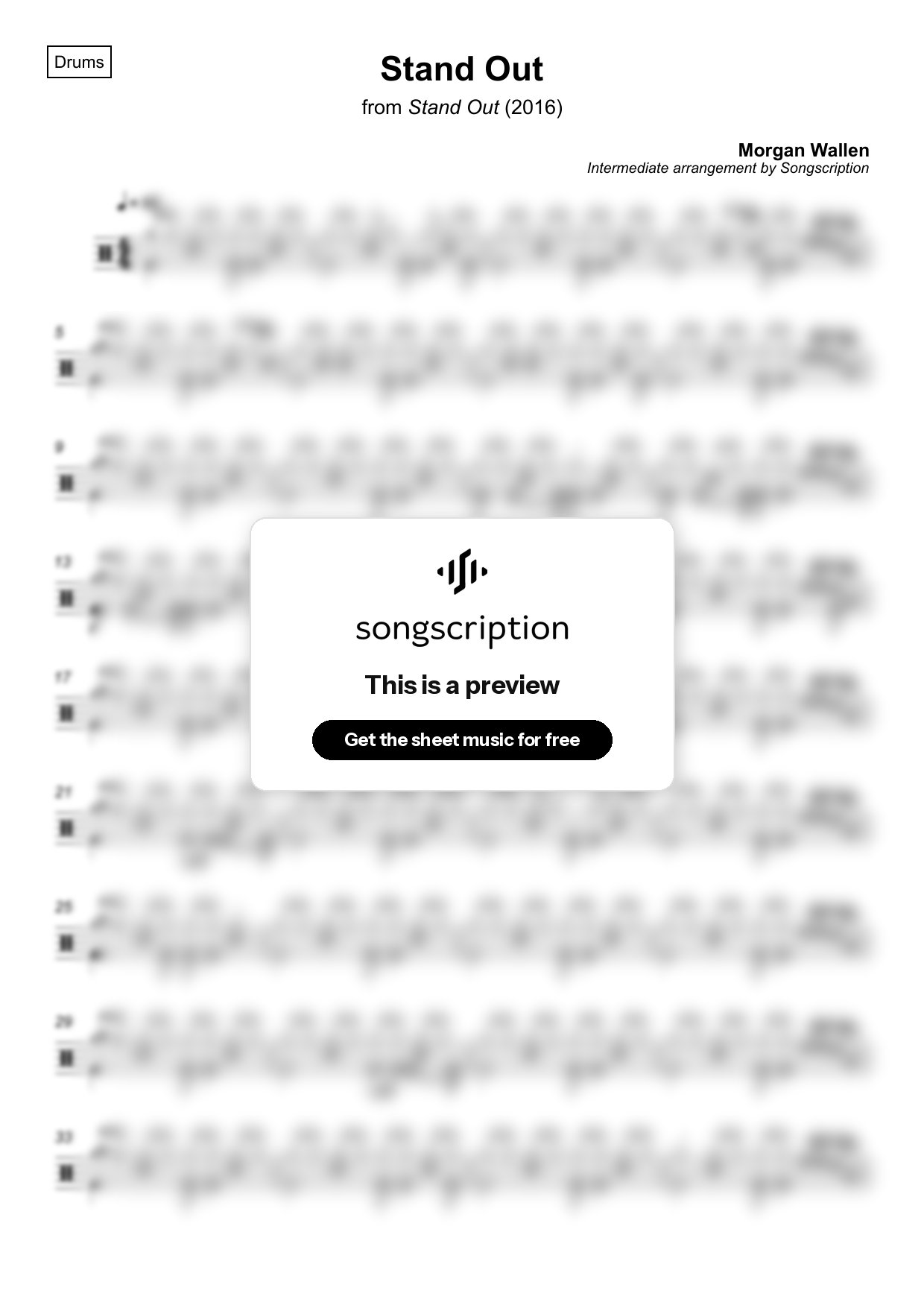 Intermediate Drums Sheet Music for "Stand Out" by Morgan Wallen