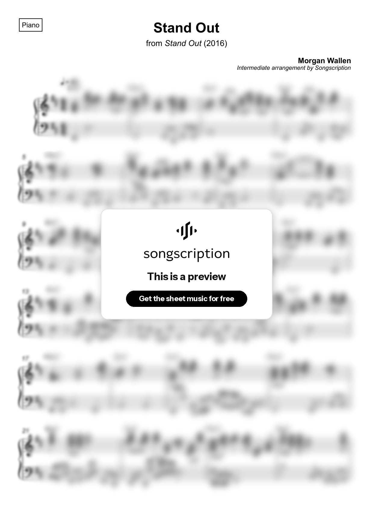 Intermediate Piano Sheet Music for "Stand Out" by Morgan Wallen