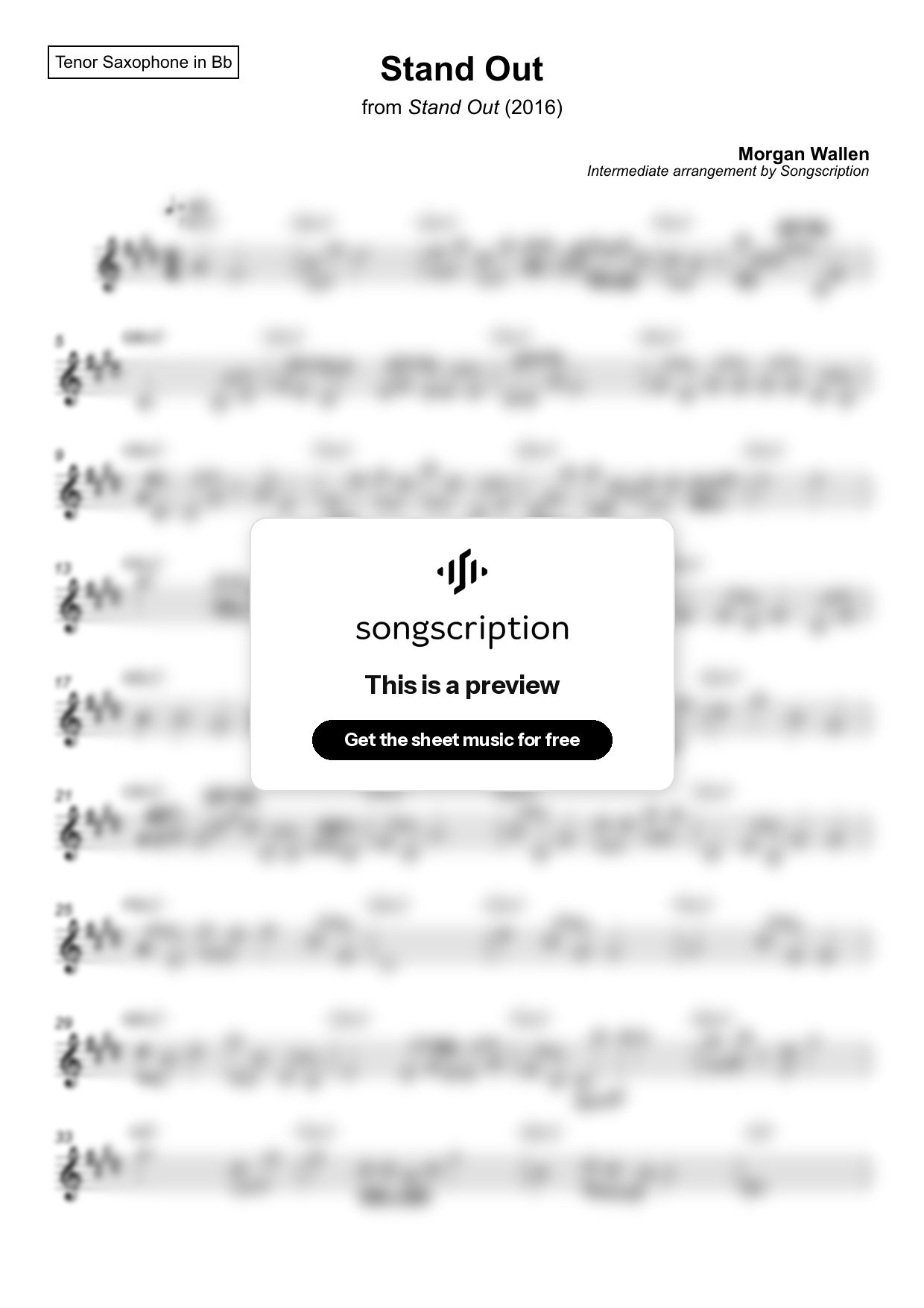 Intermediate Tenor Sax Sheet Music for "Stand Out" by Morgan Wallen