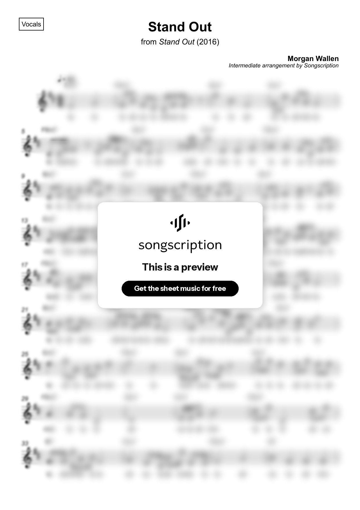 Intermediate Vocals Sheet Music for "Stand Out" by Morgan Wallen
