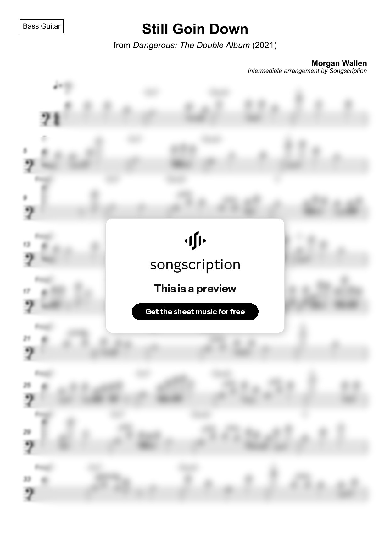Intermediate Bass Guitar Sheet Music for "Still Goin Down" by Morgan Wallen