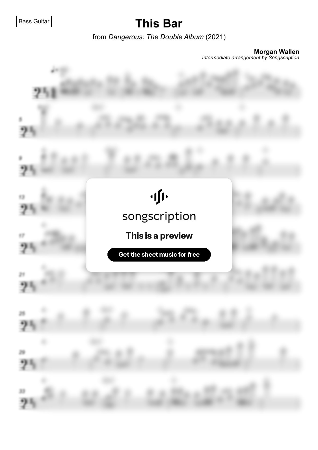 Intermediate Bass Guitar Sheet Music for "This Bar" by Morgan Wallen