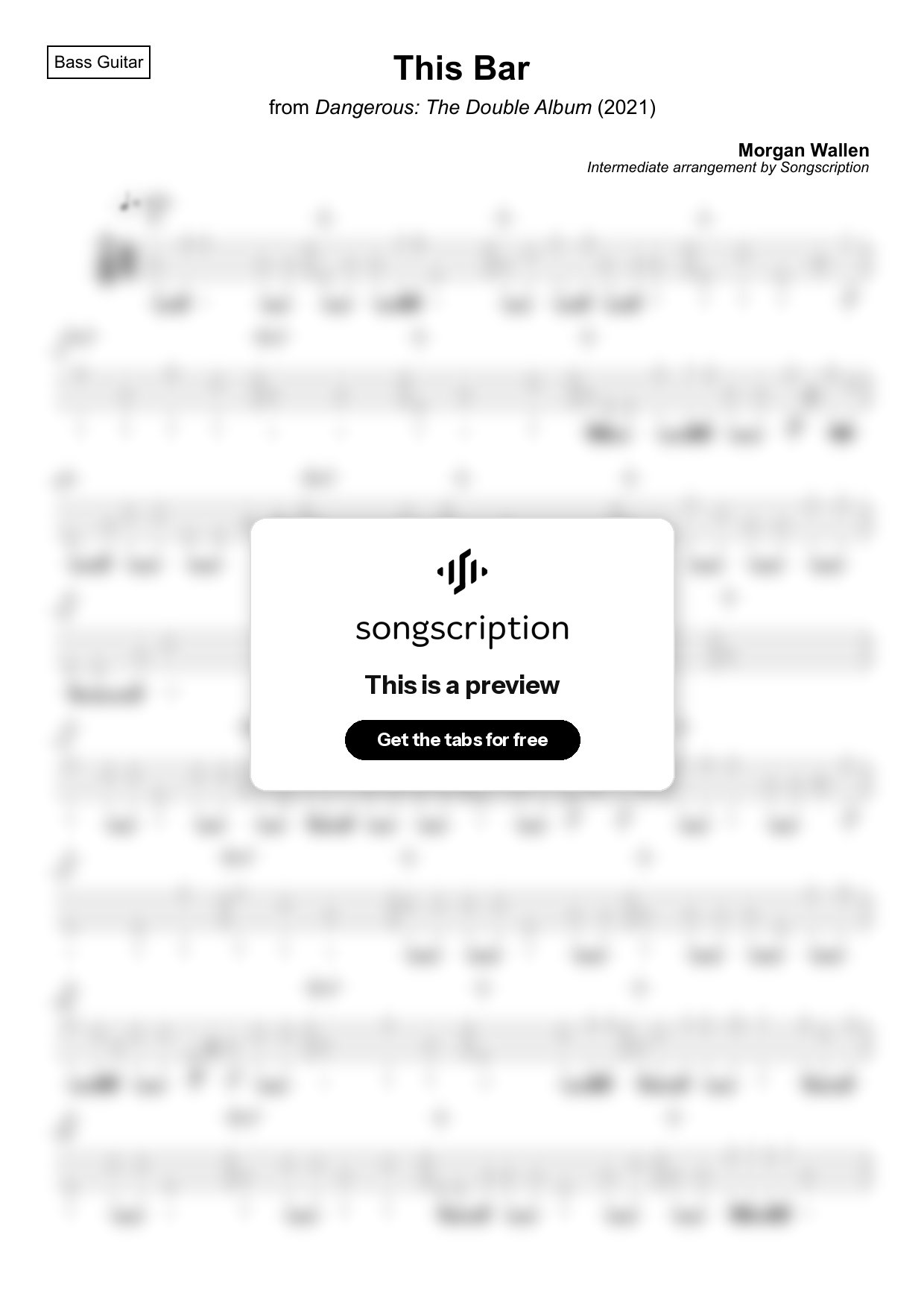 Intermediate Bass Guitar Tabs for "This Bar" by Morgan Wallen