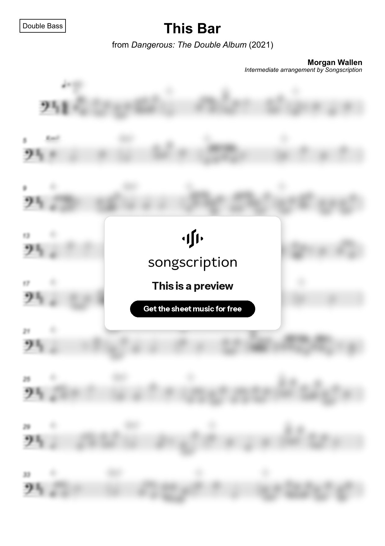 Intermediate Double Bass Sheet Music for "This Bar" by Morgan Wallen