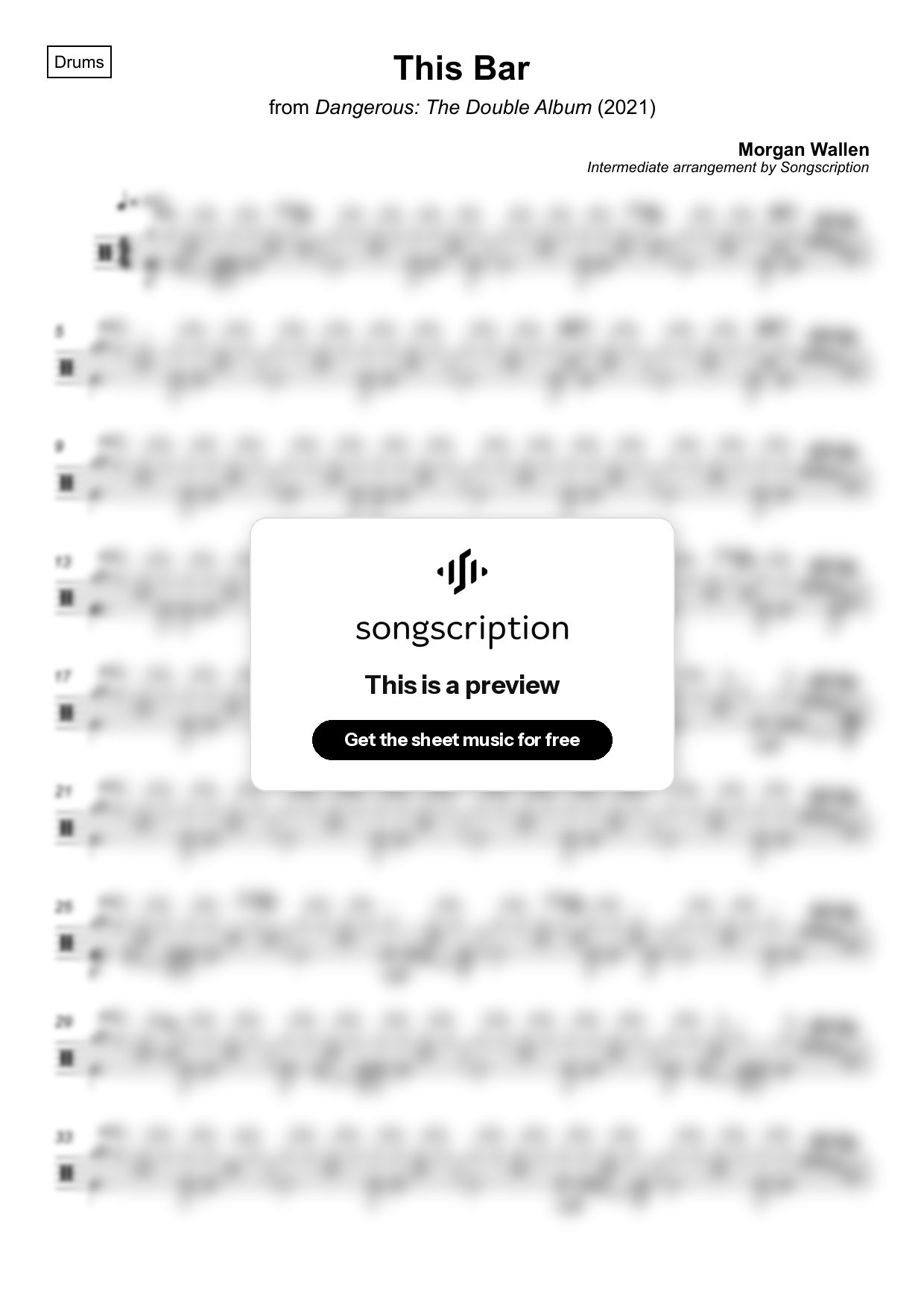 Intermediate Drums Sheet Music for "This Bar" by Morgan Wallen
