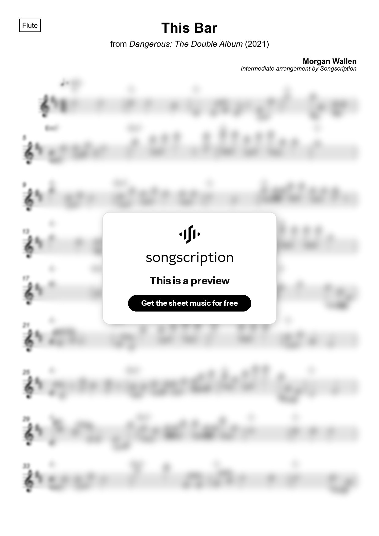 Intermediate Flute Sheet Music for "This Bar" by Morgan Wallen