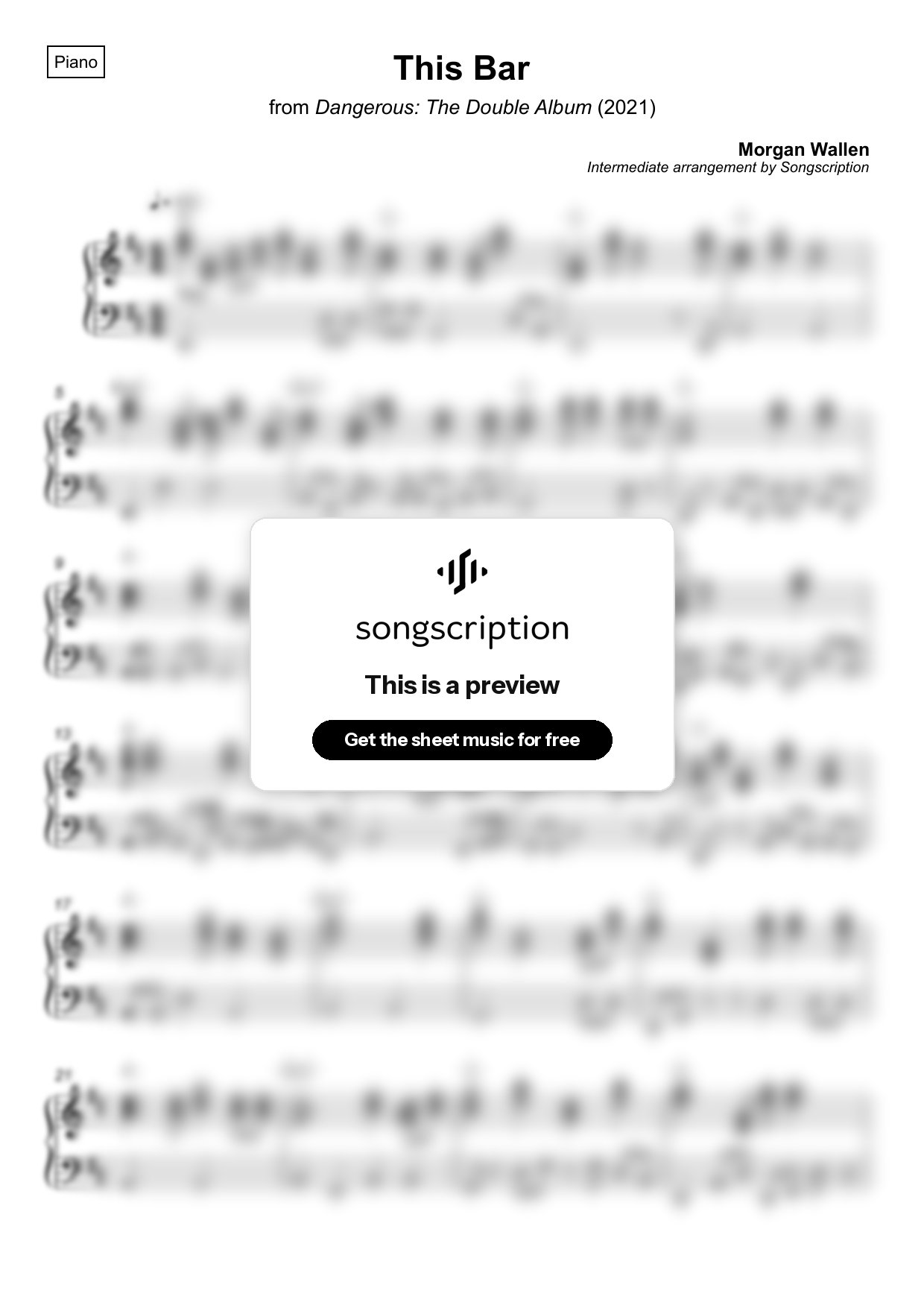 Intermediate Piano Sheet Music for "This Bar" by Morgan Wallen