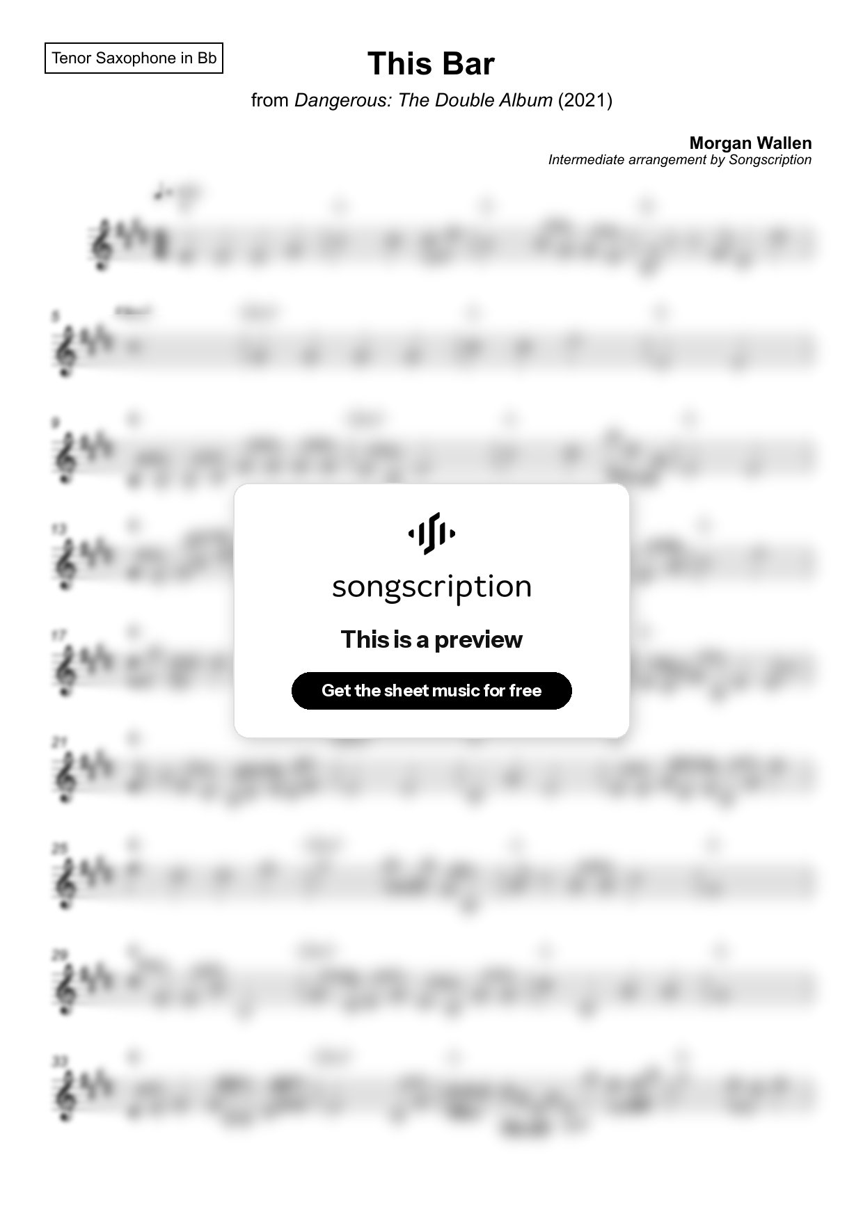Intermediate Tenor Sax Sheet Music for "This Bar" by Morgan Wallen