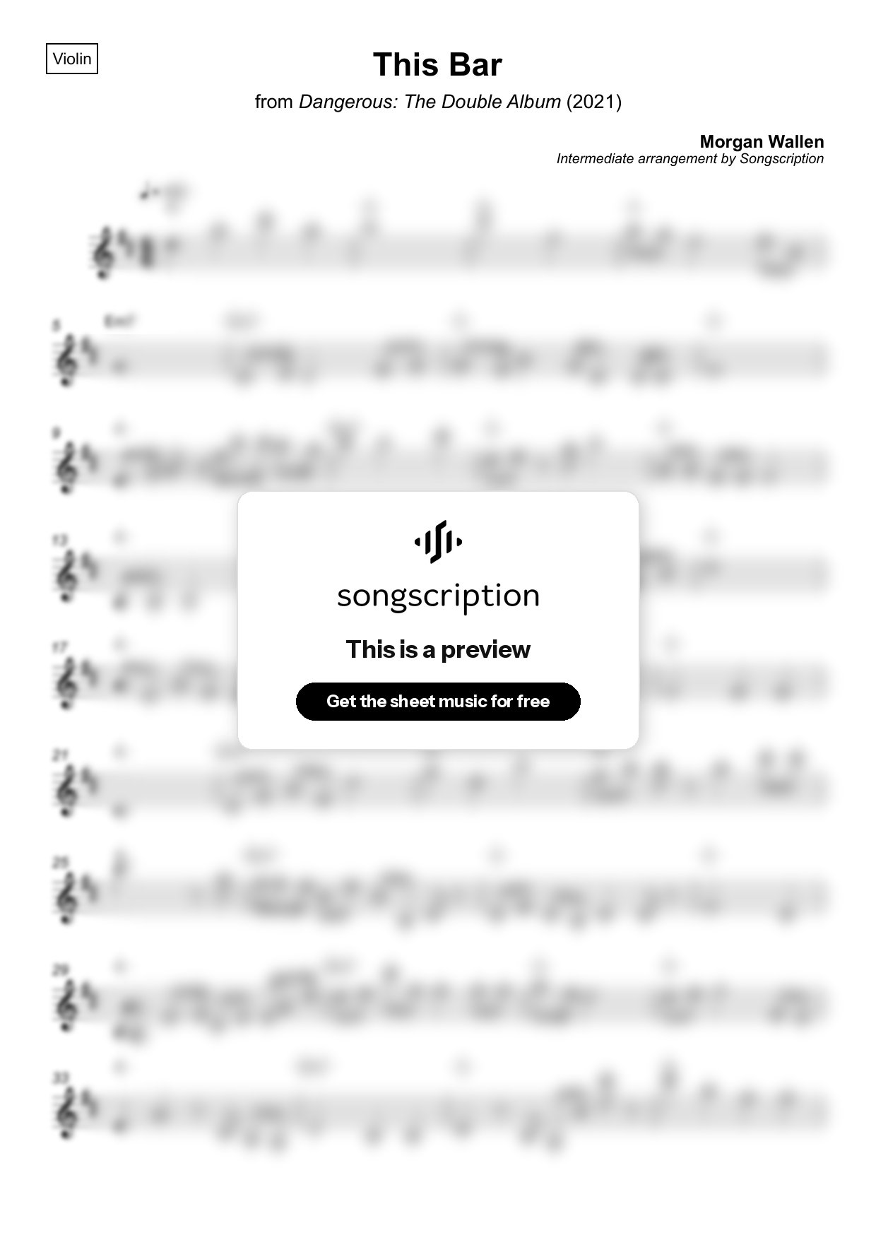 Intermediate Violin Sheet Music for "This Bar" by Morgan Wallen