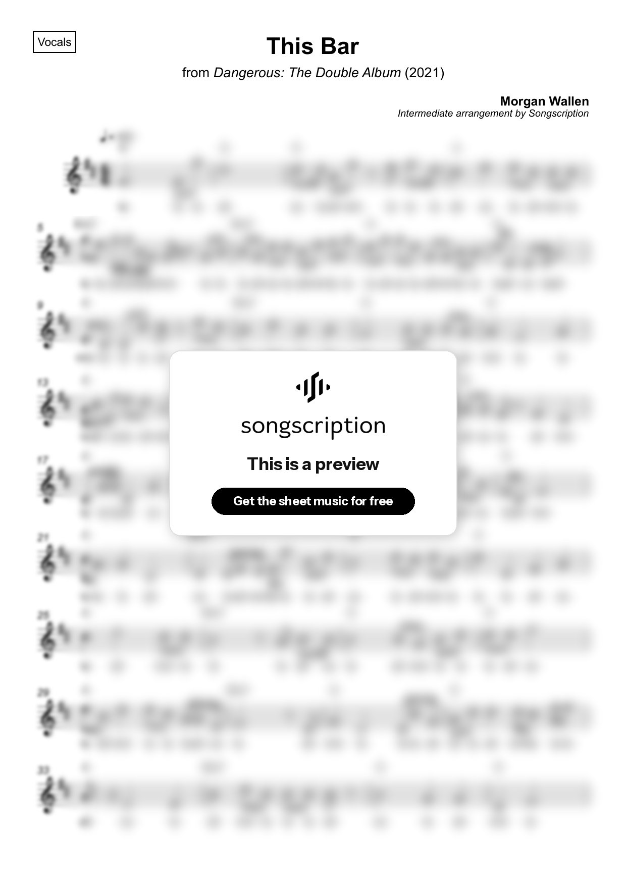 Intermediate Vocals Sheet Music for "This Bar" by Morgan Wallen