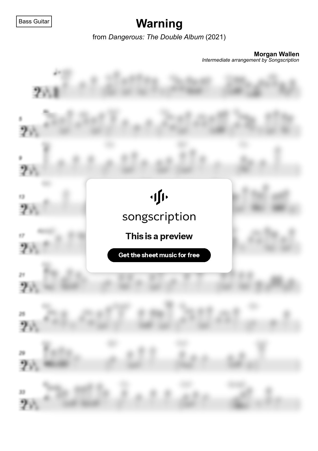 Intermediate Bass Guitar Sheet Music for "Warning" by Morgan Wallen