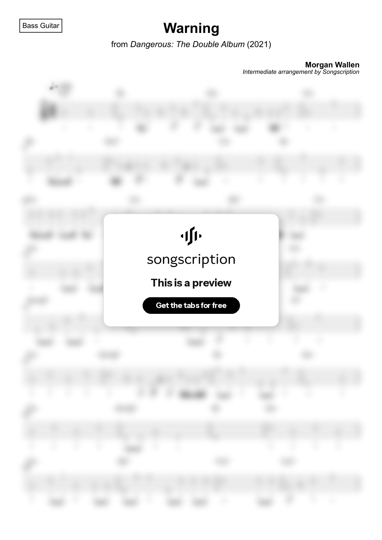 Intermediate Bass Guitar Tabs for "Warning" by Morgan Wallen