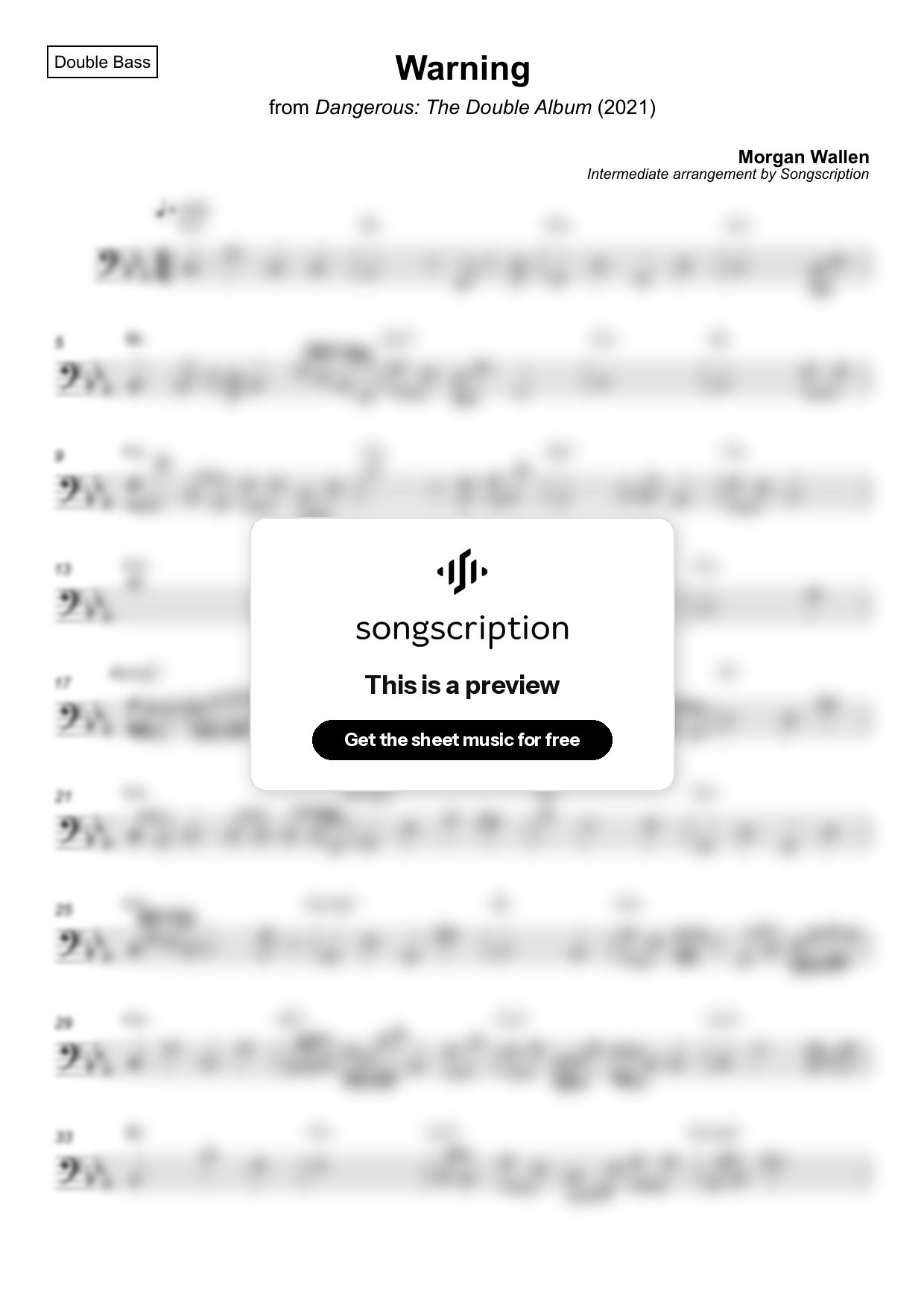 Intermediate Double Bass Sheet Music for "Warning" by Morgan Wallen