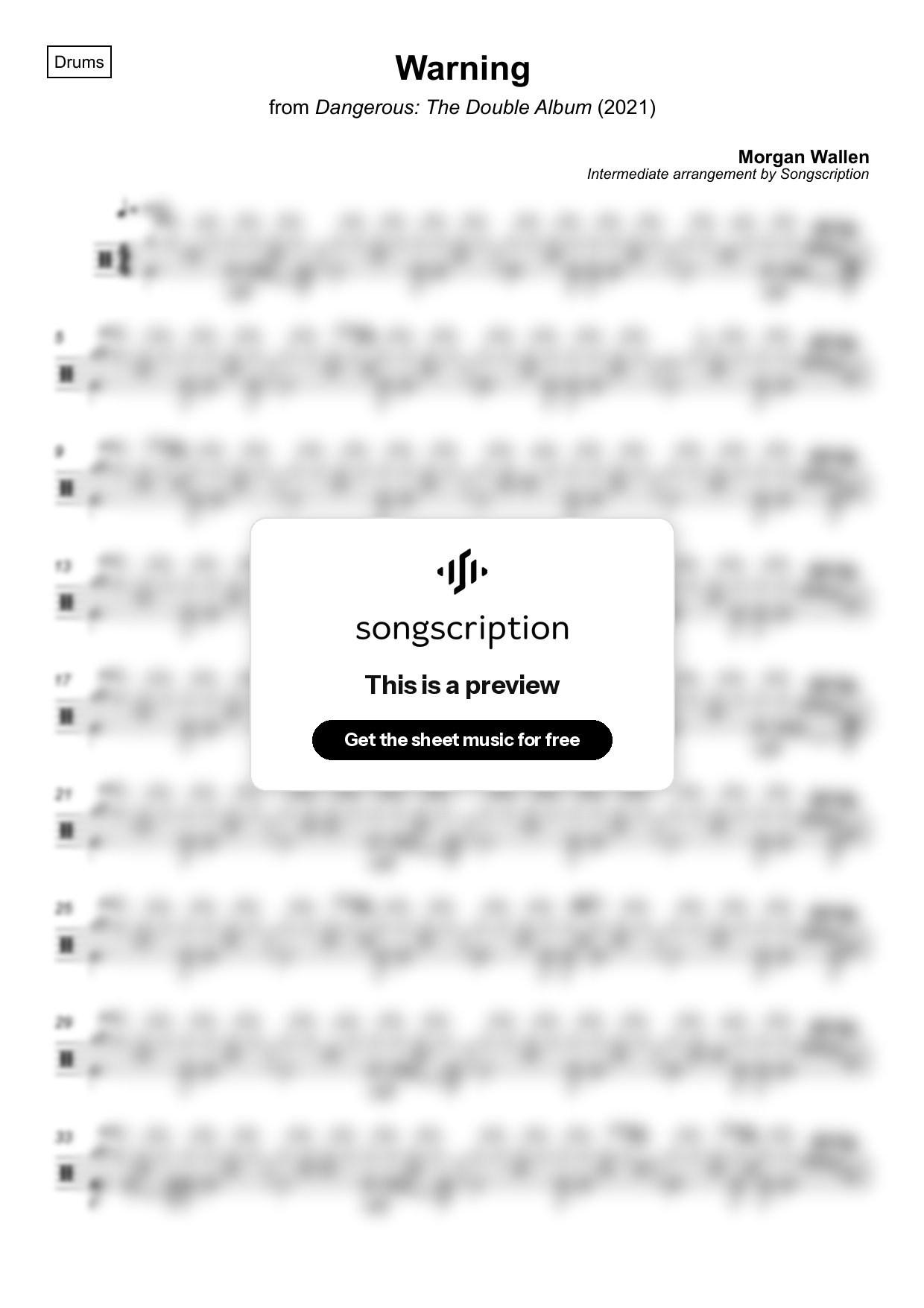 Intermediate Drums Sheet Music for "Warning" by Morgan Wallen